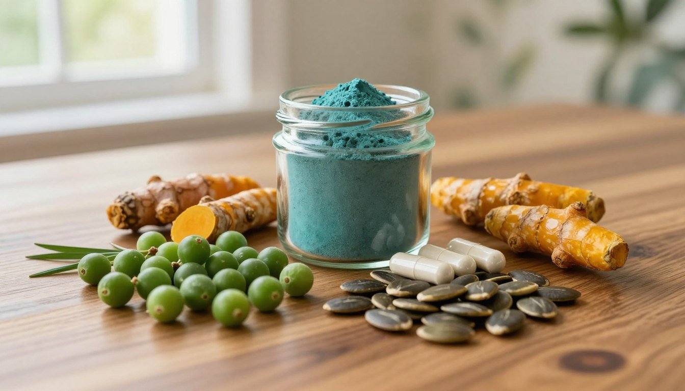 A beautifully arranged display of ProstaPrime Support ingredients for prostate health, set on a polished wooden table. In the foreground, vibrant green saw palmetto berries and dark, rich pumpkin seeds, along with soft, golden turmeric roots artfully scattered. In the middle, a clear glass jar filled with a blue-green spirulina powder is accompanied by delicate white capsules, symbolizing natural health. The background features soft natural light filtering through a window, casting a warm glow on a subtle botanical wallpaper. The scene exudes a calming and health-conscious atmosphere, emphasizing the essence of natural wellness. Capture the image from a slightly elevated angle to highlight details and textures, creating an inviting and educational focus on essential ingredients for prostate health. A beautifully arranged display of ProstaPrime Support ingredients for prostate health, set on a polished wooden table. In the foreground, vibrant green saw palmetto berries and dark, rich pumpkin seeds, along with soft, golden turmeric roots artfully scattered. In the middle, a clear glass jar filled with a blue-green spirulina powder is accompanied by delicate white capsules, symbolizing natural health. The background features soft natural light filtering through a window, casting a warm glow on a subtle botanical wallpaper. The scene exudes a calming and health-conscious atmosphere, emphasizing the essence of natural wellness. Capture the image from a slightly elevated angle to highlight details and textures, creating an inviting and educational focus on essential ingredients for prostate health.
