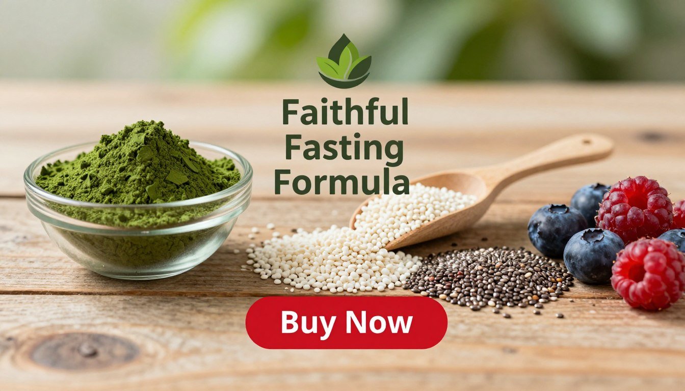 A beautifully arranged flat lay of key ingredients in the "Faithful Fasting Formula", featuring vibrant and fresh superfoods: a bowl of green spirulina powder, a scoop of collagen peptides, chia seeds, and a cluster of ripe berries. The ingredients are artfully scattered on a rustic wooden surface, with a soft-focus background of blurred greenery, symbolizing vitality and health. Warm, natural lighting creates an inviting atmosphere, highlighting the textures and colors of the ingredients. A stylish "Faithful Fasting Formula" brand logo is subtly integrated into the design. The image conveys a sense of energy and transformation, with a prominent "Buy Now" button designed in a bold and eye-catching style, enhancing the sense of action and immediacy. A beautifully arranged flat lay of key ingredients in the "Faithful Fasting Formula", featuring vibrant and fresh superfoods: a bowl of green spirulina powder, a scoop of collagen peptides, chia seeds, and a cluster of ripe berries. The ingredients are artfully scattered on a rustic wooden surface, with a soft-focus background of blurred greenery, symbolizing vitality and health. Warm, natural lighting creates an inviting atmosphere, highlighting the textures and colors of the ingredients. A stylish "Faithful Fasting Formula" brand logo is subtly integrated into the design. The image conveys a sense of energy and transformation, with a prominent "Buy Now" button designed in a bold and eye-catching style, enhancing the sense of action and immediacy.