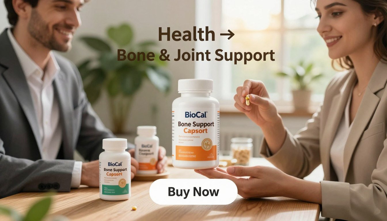 A beautifully arranged product display featuring BioCal Bone Support Capsules. In the foreground, a confident man and woman, both dressed in professional business attire, are holding the capsules, smiling to convey trust and satisfaction. The capsules are prominently displayed in their hands, with the sleek packaging glistening under soft, natural lighting. In the middle ground, a healthy lifestyle setting is depicted with green plants and a wooden table, suggesting a connection to nature and wellness. In the background, a warm, inviting atmosphere with out-of-focus sunlight filtering through a window enhances the mood. Below, a subtle "Buy Now" button is integrated into the scene. Include the brand name "Health → Bone & Joint Support" in a tasteful font, ensuring the focus remains on the product and its benefits for skeletal strength. A beautifully arranged product display featuring BioCal Bone Support Capsules. In the foreground, a confident man and woman, both dressed in professional business attire, are holding the capsules, smiling to convey trust and satisfaction. The capsules are prominently displayed in their hands, with the sleek packaging glistening under soft, natural lighting. In the middle ground, a healthy lifestyle setting is depicted with green plants and a wooden table, suggesting a connection to nature and wellness. In the background, a warm, inviting atmosphere with out-of-focus sunlight filtering through a window enhances the mood. Below, a subtle "Buy Now" button is integrated into the scene. Include the brand name "Health → Bone & Joint Support" in a tasteful font, ensuring the focus remains on the product and its benefits for skeletal strength.