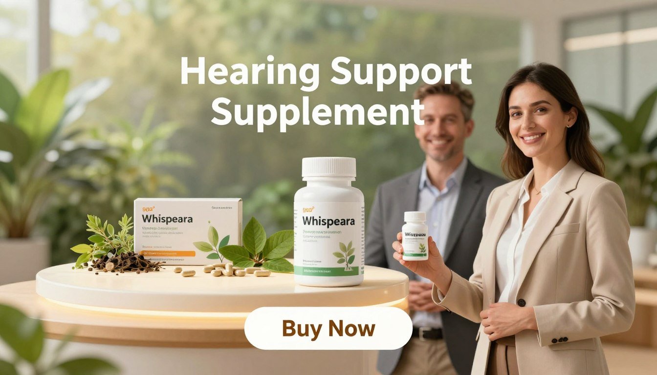 A beautifully arranged product display featuring the "Hearing Support Supplement," Whispeara. In the foreground, a man and woman stand proudly holding the sleek, elegantly designed supplement container, both dressed in professional business attire, conveying trust and expertise. In the middle ground, a softly lit table showcases natural ingredients like herbs, leaves, and capsules, emphasizing the supplement's science-backed components. The background is a serene setting with blurred greenery, suggesting a connection to nature and health. Bright, warm lighting enhances the inviting atmosphere, while a subtle "Buy Now" button is positioned below the product, promoting action. The overall mood is uplifting and informative, appealing to those seeking to improve their hearing experiences. A beautifully arranged product display featuring the "Hearing Support Supplement," Whispeara. In the foreground, a man and woman stand proudly holding the sleek, elegantly designed supplement container, both dressed in professional business attire, conveying trust and expertise. In the middle ground, a softly lit table showcases natural ingredients like herbs, leaves, and capsules, emphasizing the supplement's science-backed components. The background is a serene setting with blurred greenery, suggesting a connection to nature and health. Bright, warm lighting enhances the inviting atmosphere, while a subtle "Buy Now" button is positioned below the product, promoting action. The overall mood is uplifting and informative, appealing to those seeking to improve their hearing experiences.