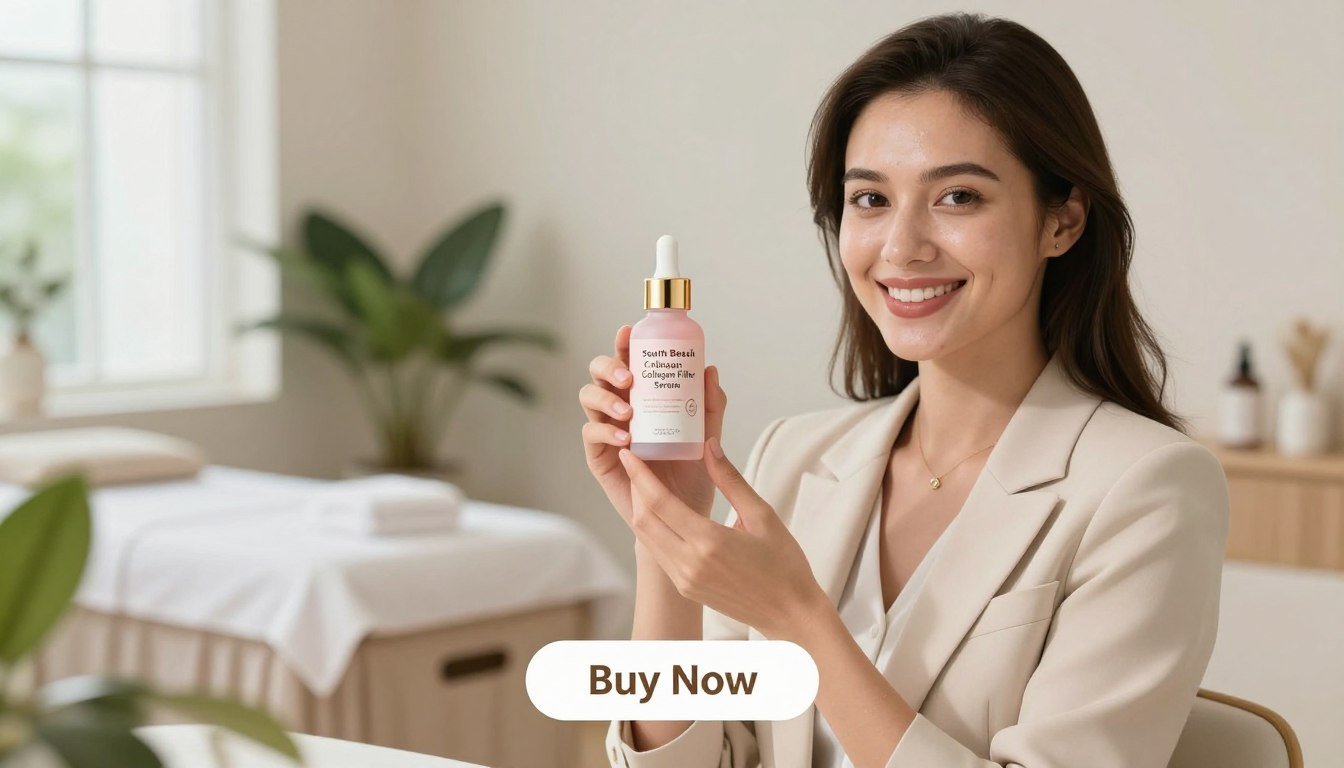 A beautifully lit product showcase featuring a woman in professional business attire, gently holding a bottle of "South Beach Collagen Filler Serum" in her hands. She has a radiant, healthy complexion and an encouraging smile, facing slightly towards the camera. The foreground includes the product, elegantly designed with soft pastel colors and a sleek finish. Surrounding her, the middle ground has a soft-focus spa-like environment with plants and a calming atmosphere. The background shows a blurred, serene beauty treatment room with natural light streaming through a window, enhancing the overall freshness. Below the product, a subtle "Buy Now" button appears, inviting engagement, while the brand name "Wellness & Personal Care" is subtly incorporated in the design. The mood is uplifting and inviting, perfect for promoting healthy skin renewal. A beautifully lit product showcase featuring a woman in professional business attire, gently holding a bottle of "South Beach Collagen Filler Serum" in her hands. She has a radiant, healthy complexion and an encouraging smile, facing slightly towards the camera. The foreground includes the product, elegantly designed with soft pastel colors and a sleek finish. Surrounding her, the middle ground has a soft-focus spa-like environment with plants and a calming atmosphere. The background shows a blurred, serene beauty treatment room with natural light streaming through a window, enhancing the overall freshness. Below the product, a subtle "Buy Now" button appears, inviting engagement, while the brand name "Wellness & Personal Care" is subtly incorporated in the design. The mood is uplifting and inviting, perfect for promoting healthy skin renewal.