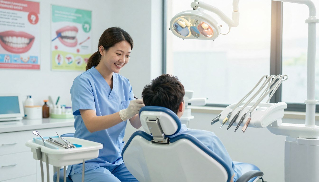 A bright and inviting dental clinic interior, showcasing a modern dental chair at the center of the foreground, accented by polished dental tools on a clean, white countertop. To the left, a friendly dentist in professional attire examines a patient's teeth, both smiling, radiating confidence and care. In the middle ground, colorful posters about oral hygiene adorn the walls, featuring images of healthy teeth and tips for maintaining oral health. The background includes a large window with soft, natural light streaming in, illuminating the space and creating a warm atmosphere. Gentle colors of blue and white dominate the scene, evoking a sense of trust and safety. The overall mood should be uplifting and reassuring, highlighting the importance of maintaining good oral health for overall well-being. A bright and inviting dental clinic interior, showcasing a modern dental chair at the center of the foreground, accented by polished dental tools on a clean, white countertop. To the left, a friendly dentist in professional attire examines a patient's teeth, both smiling, radiating confidence and care. In the middle ground, colorful posters about oral hygiene adorn the walls, featuring images of healthy teeth and tips for maintaining oral health. The background includes a large window with soft, natural light streaming in, illuminating the space and creating a warm atmosphere. Gentle colors of blue and white dominate the scene, evoking a sense of trust and safety. The overall mood should be uplifting and reassuring, highlighting the importance of maintaining good oral health for overall well-being.