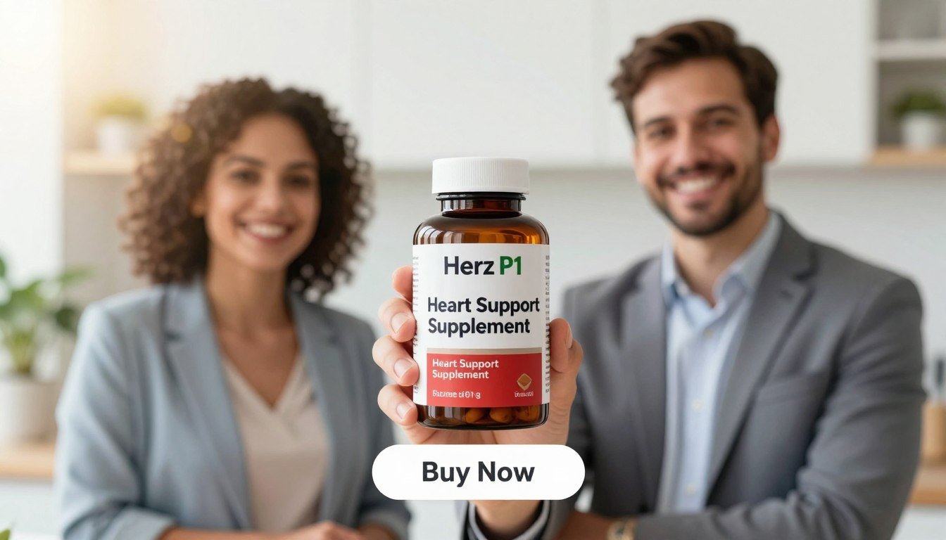 A bright and inviting image showcasing a "Health Supplement" bottle labeled "Herz P1 Heart Support Supplement" prominently in the foreground, held by a diverse man and woman in professional attire, smiling and exuding positivity. The middle ground features a soothing, soft-focus background of a well-lit, modern kitchen environment with hints of natural elements like plants, symbolizing a healthy lifestyle. A clear "Buy Now" button appears underneath the product, enhancing the enticing atmosphere. The lighting is warm and vibrant, with a slight lens flare effect for brightness. The overall mood is encouraging and uplifting, emphasizing the importance of heart health and wellness, making it an engaging illustration for the article's focus on cardiovascular care. A bright and inviting image showcasing a "Health Supplement" bottle labeled "Herz P1 Heart Support Supplement" prominently in the foreground, held by a diverse man and woman in professional attire, smiling and exuding positivity. The middle ground features a soothing, soft-focus background of a well-lit, modern kitchen environment with hints of natural elements like plants, symbolizing a healthy lifestyle. A clear "Buy Now" button appears underneath the product, enhancing the enticing atmosphere. The lighting is warm and vibrant, with a slight lens flare effect for brightness. The overall mood is encouraging and uplifting, emphasizing the importance of heart health and wellness, making it an engaging illustration for the article's focus on cardiovascular care.