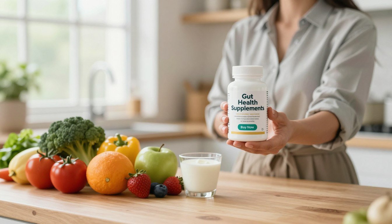 A bright and inviting kitchen scene featuring a woman in professional casual attire, holding a bottle of "Gut Health Supplements" probiotics in her hand. The foreground displays the product prominently with a clean label and a "Buy Now" button positioned below the bottle. In the middle, fresh vegetables, fruits, and yogurt are artfully arranged on a wooden countertop, symbolizing healthy gut ingredients. The background showcases soft, natural light filtering through a window, enhancing the fresh and vibrant atmosphere of wellbeing. The overall mood is uplifting and encouraging, ideal for illustrating the importance of probiotics in maintaining gut health. A bright and inviting kitchen scene featuring a woman in professional casual attire, holding a bottle of "Gut Health Supplements" probiotics in her hand. The foreground displays the product prominently with a clean label and a "Buy Now" button positioned below the bottle. In the middle, fresh vegetables, fruits, and yogurt are artfully arranged on a wooden countertop, symbolizing healthy gut ingredients. The background showcases soft, natural light filtering through a window, enhancing the fresh and vibrant atmosphere of wellbeing. The overall mood is uplifting and encouraging, ideal for illustrating the importance of probiotics in maintaining gut health.