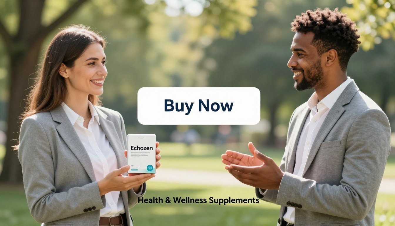 A bright and inviting product display featuring a diverse man and woman, both dressed in professional business attire, holding a sleek product labeled "Echozen" in their hands. The foreground showcases the product prominently, with the woman on the left smiling confidently and the man on the right looking engaged, encouraging a connection with viewers. In the middle ground, a subtle overlay displays a "Buy Now" button in an appealing design. The background features a serene and natural setting, such as a tranquil park with soft sunlight filtering through trees, evoking a sense of wellness and harmony. The overall atmosphere is uplifting and positive, suggesting a transformative journey to better hearing support, with the brand name "Health & Wellness Supplements" subtly integrated into the design at the bottom.