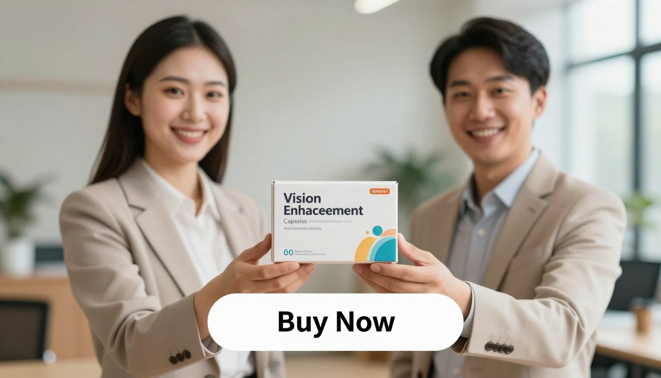 A bright and inviting product showcase featuring a man and a woman, both dressed in professional business attire, standing together with a box of "Visivra Vision Enhancement Capsules" prominently displayed in their hands. The background features a softly blurred office setting with warm, natural lighting that evokes a sense of trust and professionalism. The foreground includes a clear, appealing "Buy Now" button beneath the product image. The overall mood is positive and encouraging, with the focus on the product as an essential part of their vision care routine. The brand name "Health & Wellness" is subtly integrated into the design, ensuring visual clarity and elegance.
