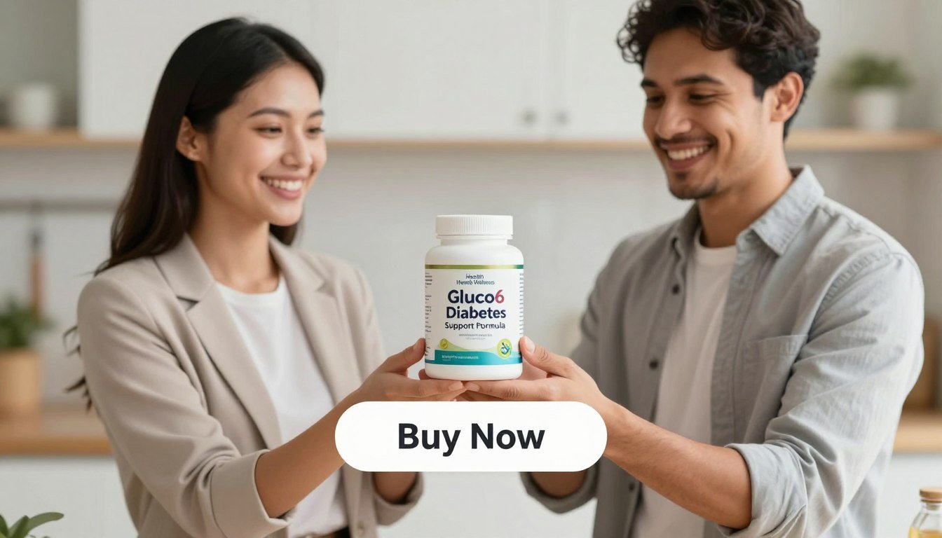 A bright, clean image featuring a diverse man and woman in professional business attire, both smiling while holding a container of "Gluco6 Natural Diabetes Support Formula." The background is softly blurred to emphasize the product, with an inviting, modern kitchen setting bathed in warm, natural light. A beautifully designed "Buy Now" button is displayed below the image, seamlessly integrated into the scene. The container features the brand name "Health & Wellness" prominently, with subtle, health-centric graphics on the label. The overall atmosphere exudes positivity and health, inviting viewers to consider this glucose support solution. The composition is balanced, with the subjects positioned in the foreground while the kitchen elements create a homely environment in the midground and background. A bright, clean image featuring a diverse man and woman in professional business attire, both smiling while holding a container of "Gluco6 Natural Diabetes Support Formula." The background is softly blurred to emphasize the product, with an inviting, modern kitchen setting bathed in warm, natural light. A beautifully designed "Buy Now" button is displayed below the image, seamlessly integrated into the scene. The container features the brand name "Health & Wellness" prominently, with subtle, health-centric graphics on the label. The overall atmosphere exudes positivity and health, inviting viewers to consider this glucose support solution. The composition is balanced, with the subjects positioned in the foreground while the kitchen elements create a homely environment in the midground and background.