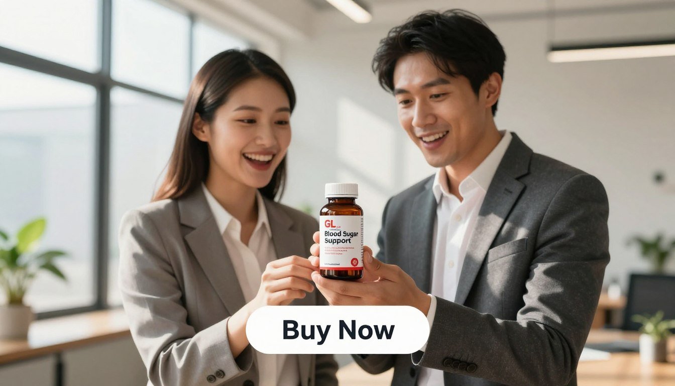 A bright, inviting product image featuring a man and a woman in professional business attire, standing together and holding a sleek, elegant bottle of "GL Control Blood Sugar Support". The setting is an airy, modern office with warm natural lighting coming through large windows, casting soft shadows. In the background, subtle hints of greenery provide a calming contrast. The foreground includes the excited, engaged expressions of the individuals as they showcase the product. Below them, a visually appealing "Buy Now" button stands out, echoing a sense of urgency and positivity. The brand name "Health & Wellness" is subtly integrated in the design, reinforcing the focus on advanced blood sugar management. The mood conveys trust, innovation, and a hopeful approach to health.