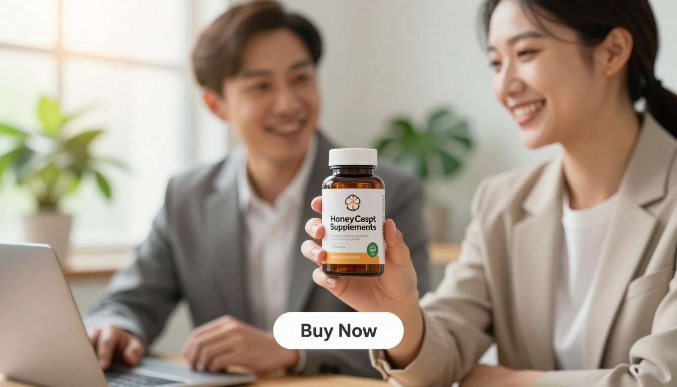 A bright, inviting setting featuring a man and woman, both dressed in professional business attire, holding a bottle of HoneyCept, a natural health supplement. The foreground showcases the product label clearly, emphasizing the "Health Supplements" brand. The middle ground includes the two individuals smiling and interacting, suggesting energy and wellness. In the background, there are elements symbolizing health, like green plants and a sunlit window, creating a warm atmosphere. Soft, natural lighting enhances the freshness of the scene, with a shallow depth of field directing focus on the product. A simple, unobtrusive "Buy Now" button is subtly positioned beneath the product, inviting action without detracting from the main visual. A bright, inviting setting featuring a man and woman, both dressed in professional business attire, holding a bottle of HoneyCept, a natural health supplement. The foreground showcases the product label clearly, emphasizing the "Health Supplements" brand. The middle ground includes the two individuals smiling and interacting, suggesting energy and wellness. In the background, there are elements symbolizing health, like green plants and a sunlit window, creating a warm atmosphere. Soft, natural lighting enhances the freshness of the scene, with a shallow depth of field directing focus on the product. A simple, unobtrusive "Buy Now" button is subtly positioned beneath the product, inviting action without detracting from the main visual.