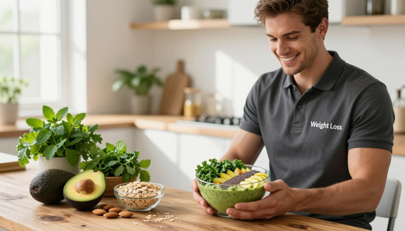 A bright kitchen scene highlighting natural ingredients for weight management. In the foreground, a fit young man in a sleek, professional outfit smiling while holding a vibrant smoothie bowl filled with kale, chia seeds, and sliced fruits, emphasizing a healthy lifestyle. The middle layer includes fresh herbs like mint and parsley, along with neatly arranged avocados, almonds, and oats on a rustic wooden table, creating an inviting atmosphere. In the background, soft sunlight pours in through a window, casting gentle shadows and creating a warm ambiance. The brand name "Weight Loss" subtly incorporated into the design. No text overlays or watermarks. The mood is inspirational, showcasing the appeal of natural ingredients in achieving fitness goals. A bright kitchen scene highlighting natural ingredients for weight management. In the foreground, a fit young man in a sleek, professional outfit smiling while holding a vibrant smoothie bowl filled with kale, chia seeds, and sliced fruits, emphasizing a healthy lifestyle. The middle layer includes fresh herbs like mint and parsley, along with neatly arranged avocados, almonds, and oats on a rustic wooden table, creating an inviting atmosphere. In the background, soft sunlight pours in through a window, casting gentle shadows and creating a warm ambiance. The brand name "Weight Loss" subtly incorporated into the design. No text overlays or watermarks. The mood is inspirational, showcasing the appeal of natural ingredients in achieving fitness goals.
