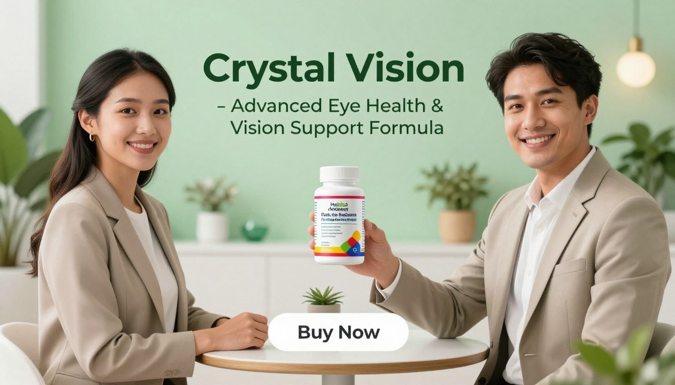 A bright, modern product showcase of "Crystal Vision – Advanced Eye Health & Vision Support Formula." In the foreground, a smiling man and woman, dressed in smart business attire, hold the product prominently between them. The product is sleek and visually appealing, with vibrant colors suggesting health and vitality. In the middle layer, a clean, modern table with subtle decorations enhances the focus on the product. In the background, a softly blurred health-themed environment with light green hues and natural elements evokes a sense of well-being. The composition features soft, warm lighting, creating an inviting atmosphere. Below the product, a "Buy Now" button appears, clearly visible but non-intrusive. Include the brand name "Health & Wellness" subtly integrated into the design, ensuring no text overlays disrupt the visual flow. A bright, modern product showcase of "Crystal Vision – Advanced Eye Health & Vision Support Formula." In the foreground, a smiling man and woman, dressed in smart business attire, hold the product prominently between them. The product is sleek and visually appealing, with vibrant colors suggesting health and vitality. In the middle layer, a clean, modern table with subtle decorations enhances the focus on the product. In the background, a softly blurred health-themed environment with light green hues and natural elements evokes a sense of well-being. The composition features soft, warm lighting, creating an inviting atmosphere. Below the product, a "Buy Now" button appears, clearly visible but non-intrusive. Include the brand name "Health & Wellness" subtly integrated into the design, ensuring no text overlays disrupt the visual flow.