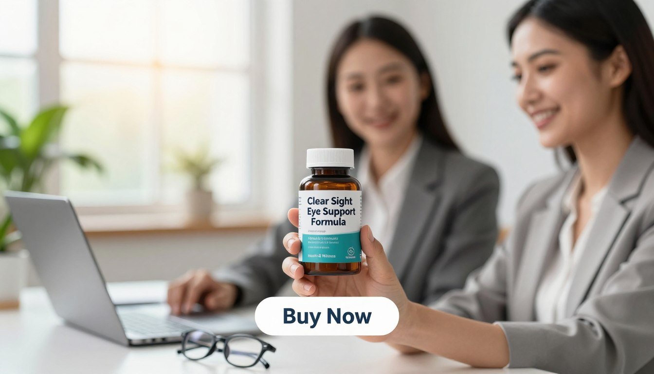 A bright, well-lit image showcasing a bottle of "Clear Sight Eye Support Formula" prominently in the foreground, held by a professional man and woman dressed in smart business attire. The bottle features a sleek design with a label that emphasizes its advanced formula for eye health. In the middle ground, soft-focus elements include green plant leaves, symbolizing natural ingredients, and a modern desk setup with a laptop and glasses. The background is a softly blurred office environment with daylight pouring in through a window, adding warmth and professionalism to the scene. A subtle "Buy Now" button appears below the product, enhancing the image's call to action. The brand name, "Health & Wellness," is visually integrated into the composition. The overall mood is inviting, informative, and uplifting, targeting individuals seeking effective eye care solutions. A bright, well-lit image showcasing a bottle of "Clear Sight Eye Support Formula" prominently in the foreground, held by a professional man and woman dressed in smart business attire. The bottle features a sleek design with a label that emphasizes its advanced formula for eye health. In the middle ground, soft-focus elements include green plant leaves, symbolizing natural ingredients, and a modern desk setup with a laptop and glasses. The background is a softly blurred office environment with daylight pouring in through a window, adding warmth and professionalism to the scene. A subtle "Buy Now" button appears below the product, enhancing the image's call to action. The brand name, "Health & Wellness," is visually integrated into the composition. The overall mood is inviting, informative, and uplifting, targeting individuals seeking effective eye care solutions.