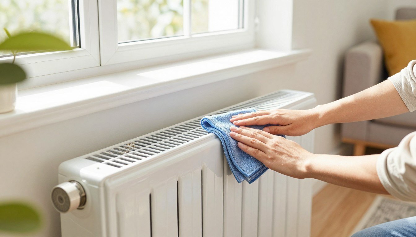 A bright, well-lit living room scene with clean, white baseboard heaters along the wall, showcasing their importance for home efficiency. In the foreground, a pair of hands in modest casual clothing is using a microfiber cloth to dust the baseboard heater, emphasizing the cleaning process. The middle ground features a sparkling baseboard heater, reflecting the sunlight pouring in through a nearby window, highlighting the dust and potential allergens that can accumulate. In the background, a cozy, inviting atmosphere is created with soft furnishings like a couch and plants, reinforcing the connection between clean heaters and a healthy living space. The overall mood is fresh and sunny, with a focus on maintaining a safe and efficient home environment. The brand “clean baseboard heaters” is subtly represented through the cleaned heater's sheen. A bright, well-lit living room scene with clean, white baseboard heaters along the wall, showcasing their importance for home efficiency. In the foreground, a pair of hands in modest casual clothing is using a microfiber cloth to dust the baseboard heater, emphasizing the cleaning process. The middle ground features a sparkling baseboard heater, reflecting the sunlight pouring in through a nearby window, highlighting the dust and potential allergens that can accumulate. In the background, a cozy, inviting atmosphere is created with soft furnishings like a couch and plants, reinforcing the connection between clean heaters and a healthy living space. The overall mood is fresh and sunny, with a focus on maintaining a safe and efficient home environment. The brand “clean baseboard heaters” is subtly represented through the cleaned heater's sheen.