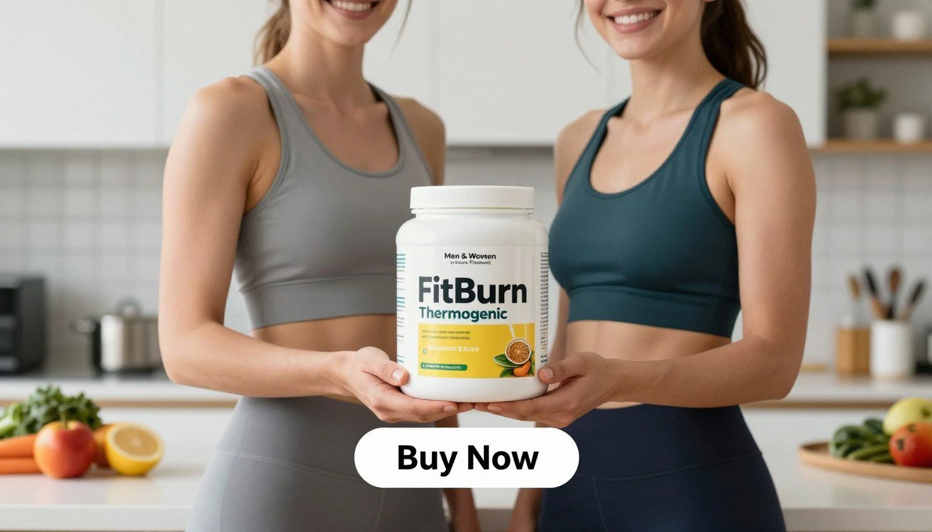 A brightly lit, modern kitchen setting serves as the backdrop, emphasizing a healthy lifestyle. In the foreground, a fit man and woman stand side by side, both wearing stylish, modest athletic apparel to convey professionalism and approachability. They are holding a sleek container of "FitBurn Thermogenic" prominently in front of them, displaying the product's vibrant packaging. Below the product, a visually appealing "Buy Now" button is rendered to catch the viewer's attention. The kitchen is adorned with fresh fruits and vegetables, subtly suggesting a commitment to wellness. The overall mood is energetic and motivational, capturing the essence of weight management and healthy living. The lighting is bright and natural, enhancing the product's allure and the positive atmosphere in the image. Brand name "Men & Women (Unisex Product)" is subtly incorporated into the design of the product container. A brightly lit, modern kitchen setting serves as the backdrop, emphasizing a healthy lifestyle. In the foreground, a fit man and woman stand side by side, both wearing stylish, modest athletic apparel to convey professionalism and approachability. They are holding a sleek container of "FitBurn Thermogenic" prominently in front of them, displaying the product's vibrant packaging. Below the product, a visually appealing "Buy Now" button is rendered to catch the viewer's attention. The kitchen is adorned with fresh fruits and vegetables, subtly suggesting a commitment to wellness. The overall mood is energetic and motivational, capturing the essence of weight management and healthy living. The lighting is bright and natural, enhancing the product's allure and the positive atmosphere in the image. Brand name "Men & Women (Unisex Product)" is subtly incorporated into the design of the product container.