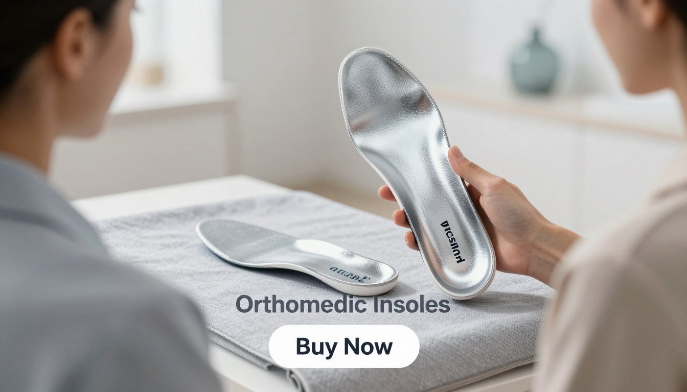 A captivating product image showcasing a pair of Akusoli magnetic insoles with a focus on the antimicrobial silver coating. In the foreground, a man and woman, dressed in professional attire, hold the insoles with a clear view of the glistening silver surface, illustrating its protective properties. The middle ground features a contrasting soft, breathable fabric, emphasizing comfort and support. The background is softly blurred, depicting a sleek, minimalist interior space to highlight the product. Utilize bright, natural lighting to create an inviting atmosphere, adding depth with a slight lens focus on the insoles. At the bottom, include a "Buy Now" button alongside the brand name "Orthopedic Insoles," ensuring it integrates seamlessly with the composition. The overall mood should be informative yet appealing, inviting the viewer to learn more about this innovative product.