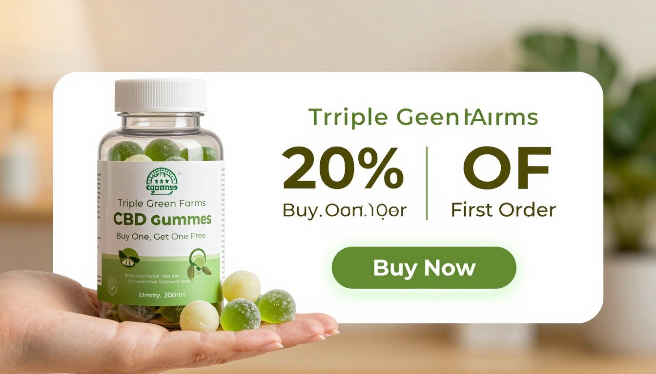 A clean and modern advertising banner layout showcasing "Triple Green Farms" premium CBD gummies. In the foreground, a hand gently holds a clear bottle of green and white CBD gummies, emphasizing their natural and premium quality. The middle section features a price tag displaying competitive pricing, alongside attractive promotional offers like "Buy One, Get One Free" and "20% Off Your First Order." A glowing "Buy Now" button is prominently featured, inviting immediate action. The background is softly blurred, emphasizing the products without distractions. Use warm, inviting lighting to create a calming atmosphere, and choose an angle that highlights the product's appeal. The overall mood should reflect relaxation, health, and wellness, suitable for consumers seeking effective solutions for pain relief, stress calm, and better sleep.