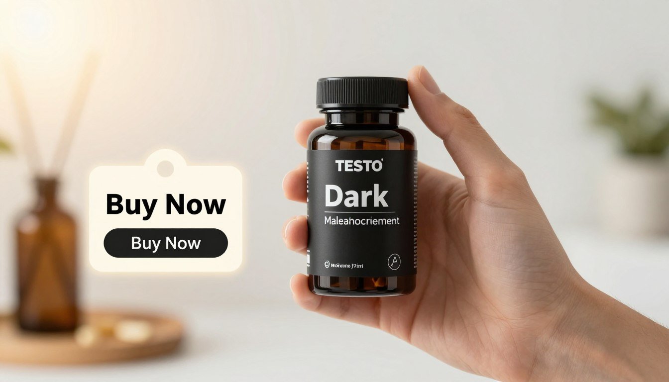 A clean and professional composition featuring a hand holding a sleek black Testo Dark bottle labeled "Male Enhancement." In the foreground, the hand is prominently displayed, showcasing perfect grip and control. The middle section includes a subtle price tag and a glowing "Buy Now" button, enhancing the promotional feel. The background is softly blurred, suggesting a bright and modern environment with hints of health and wellness imagery, like abstract shapes or soft-focus vitamins. The lighting is warm and inviting, providing an uplifting atmosphere while keeping a focus on confidence and safety. This image should evoke a sense of trust and positivity, aligning with themes of potential side effects and safety considerations related to the product.