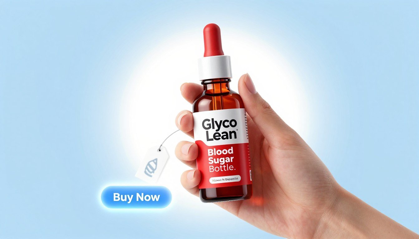 A clean and professional illustration featuring a hand elegantly holding a red Glyco Lean dropper bottle labeled "Glyco Lean Blood Sugar Bottle." The focus is on the bottle in the foreground, adorned with a shiny, appealing design. In the middle ground, a softly glowing backdrop highlights the product, with a subtle gradient from light blue to white, conveying a sense of vitality and health. A price tag is subtly placed next to the bottle, and a "Buy Now" button glows invitingly nearby. The lighting is bright and ethereal, creating an uplifting mood that emphasizes the product's claims of balancing blood sugar and boosting energy. The overall atmosphere is sleek, modern, and clean, suitable for a professional article.