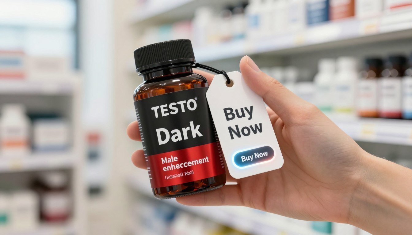 A clean, bright composition featuring a close-up of a hand holding a sleek black and red Testo Dark bottle prominently labeled "Male Enhancement". The foreground includes the bottle with a subtle sheen, as if reflecting soft light. In the middle, incorporate a stylish price tag elegantly hanging from the bottle, alongside a glowing "Buy Now" button that exudes urgency and allure. The backdrop consists of a softly blurred pharmacy or wellness setting, enhancing the theme of health and confidence. Use natural daylight to create an inviting atmosphere, with a slightly warm color tone. The overall mood is professional and encouraging, ideal for showcasing male enhancement options without any provocative elements, ensuring a safe-for-work presentation.