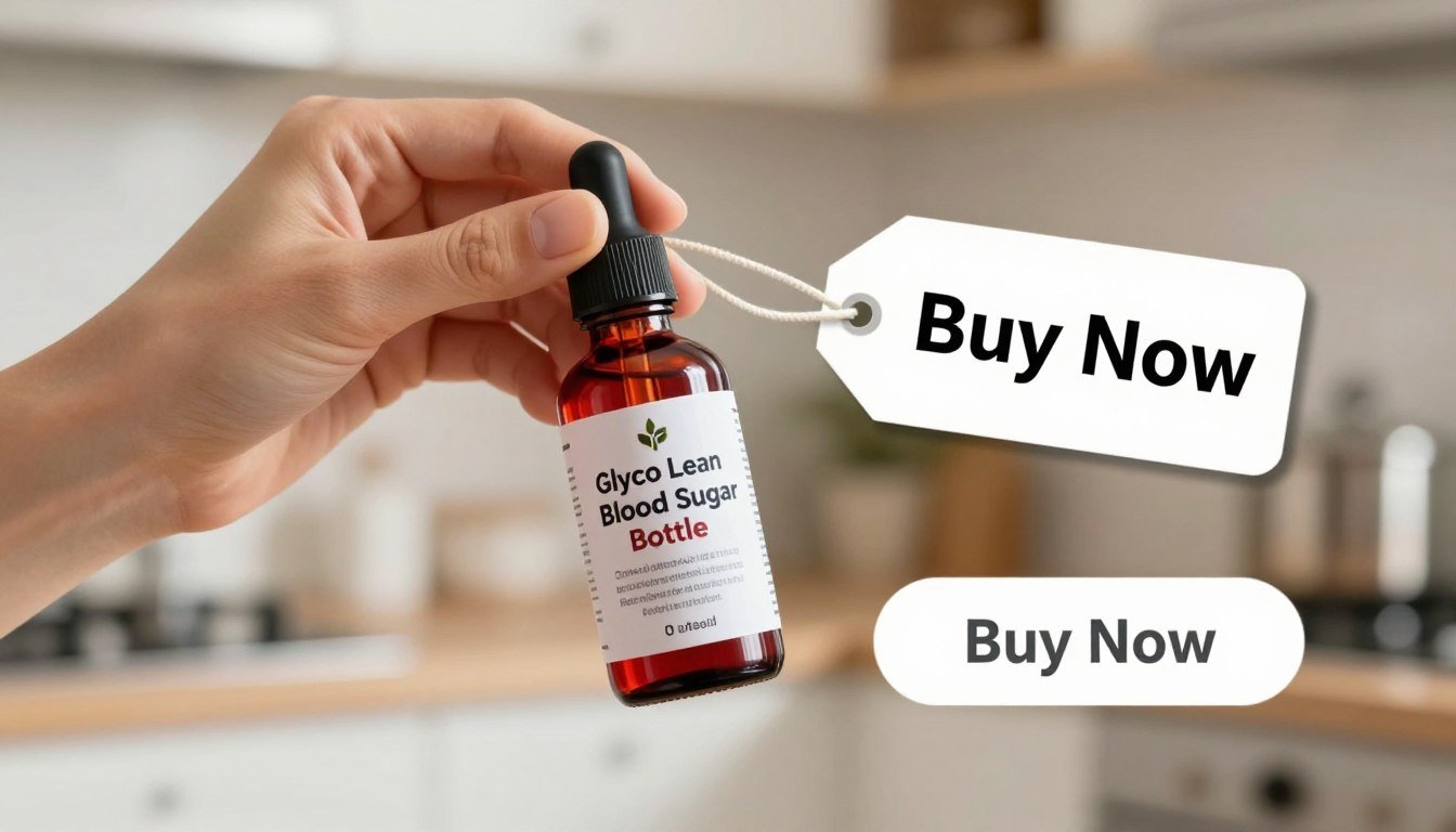 A clean, bright composition featuring a hand holding a red dropper bottle labeled "Glyco Lean Blood Sugar Bottle." The focus is on the bottle, which is set against a softly blurred backdrop of a serene, well-lit kitchen environment. In the mid-ground, a price tag indicating a discount hangs nearby, emphasizing affordability. A glowing "Buy Now" button is subtly integrated into the scene, adding to a call-to-action feel without being obtrusive. The lighting is natural and warm, suggesting a sense of health and vitality. The overall mood is inviting and professional, reflecting the idea of trust and efficacy associated with health supplements. No text or logos are included; the focus is solely on the product and its context.