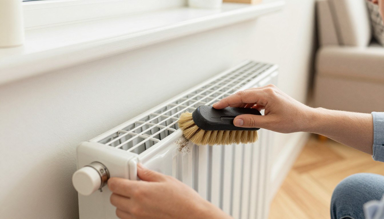 A clean, cozy living room scene featuring a homeowner in modest casual clothing, diligently cleaning baseboard heaters. In the foreground, a pair of hands is using a soft brush to remove dust and dirt from the baseboard heater, showcasing a close-up of the cleaning action. In the middle, the baseboard heater is prominently displayed, well-lit to highlight its design and the grime being cleaned away. The background shows a warm and inviting space with light streaming through a window, casting soft shadows. The atmosphere is one of simplicity and effectiveness, with a bright and tidy interior environment, conveying a sense of accomplishment and ease with the task of cleaning baseboard heaters. Include the phrase "clean baseboard heaters" subtly integrated into the scene without text. A clean, cozy living room scene featuring a homeowner in modest casual clothing, diligently cleaning baseboard heaters. In the foreground, a pair of hands is using a soft brush to remove dust and dirt from the baseboard heater, showcasing a close-up of the cleaning action. In the middle, the baseboard heater is prominently displayed, well-lit to highlight its design and the grime being cleaned away. The background shows a warm and inviting space with light streaming through a window, casting soft shadows. The atmosphere is one of simplicity and effectiveness, with a bright and tidy interior environment, conveying a sense of accomplishment and ease with the task of cleaning baseboard heaters. Include the phrase "clean baseboard heaters" subtly integrated into the scene without text.