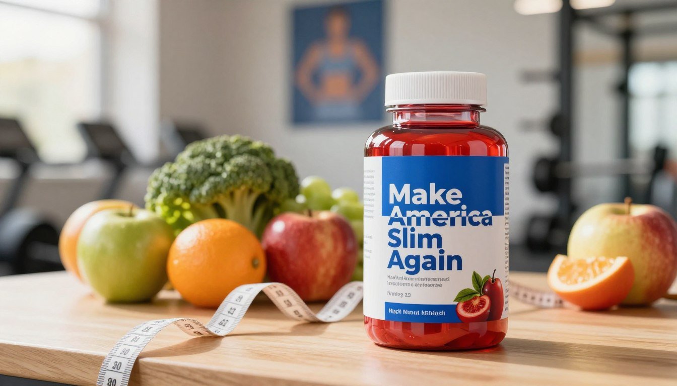 A clean, modern bottle of a weight management formula labeled "Make America Slim Again" sits prominently in the foreground, featuring vibrant colors of red, white, and blue to evoke a sense of patriotism. The bottle has a sleek and contemporary design, with a shiny label that highlights natural ingredients and promotes a healthy lifestyle. In the middle ground, a well-organized table displays fresh fruits and vegetables, emphasizing nutritious choices, alongside a measuring tape suggesting progress in weight management. The background features a soft-focus gym setting, with hints of fitness equipment and motivational posters. The lighting is bright and inviting, casting a warm glow on the scene, creating an atmosphere of hope and determination towards achieving weight loss goals. The overall mood is energetic and optimistic, appealing to individuals seeking effective weight management solutions. A clean, modern bottle of a weight management formula labeled "Make America Slim Again" sits prominently in the foreground, featuring vibrant colors of red, white, and blue to evoke a sense of patriotism. The bottle has a sleek and contemporary design, with a shiny label that highlights natural ingredients and promotes a healthy lifestyle. In the middle ground, a well-organized table displays fresh fruits and vegetables, emphasizing nutritious choices, alongside a measuring tape suggesting progress in weight management. The background features a soft-focus gym setting, with hints of fitness equipment and motivational posters. The lighting is bright and inviting, casting a warm glow on the scene, creating an atmosphere of hope and determination towards achieving weight loss goals. The overall mood is energetic and optimistic, appealing to individuals seeking effective weight management solutions.