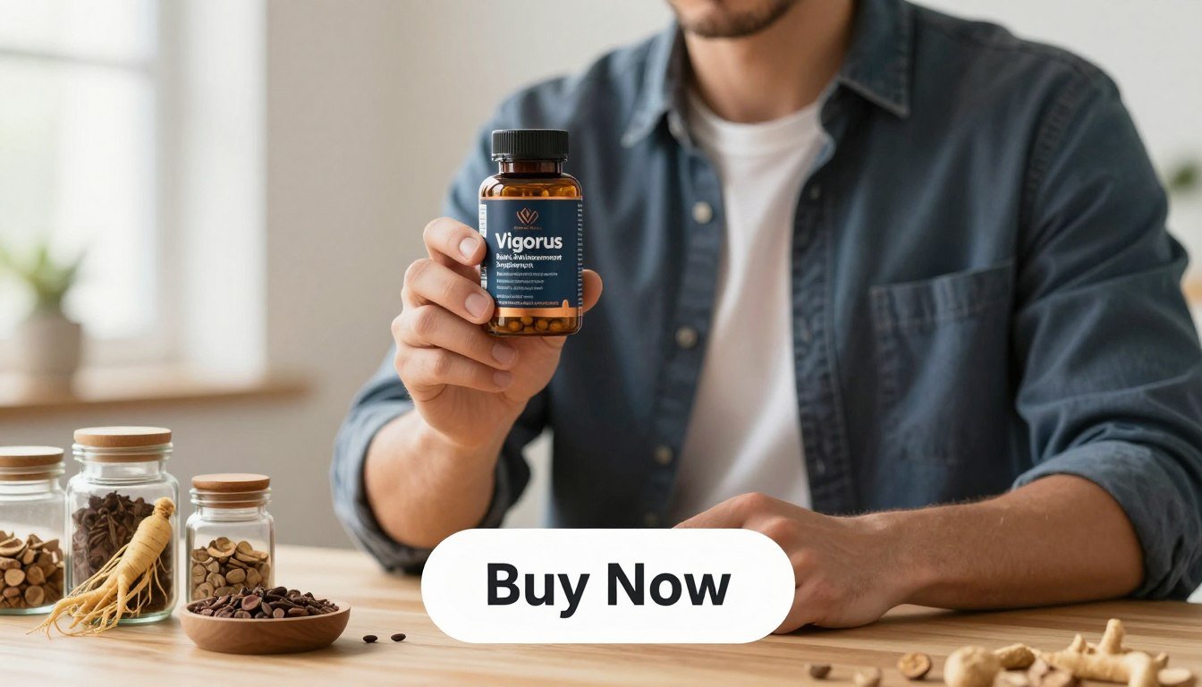 A close-up image of a confident man in a smart casual outfit, holding a bottle of "Vigorus Men’s Health Enhancement Supplement" in his right hand. He stands in a bright, well-lit room with a soft-focus background featuring a wooden table displaying various healthy core ingredients like ginseng, ashwagandha, and maca root in small glass jars. The lighting is warm and inviting, highlighting the man’s focused expression on the benefits of the supplement. In the foreground, there is a sleek "Buy Now" button designed in a contrasting color to attract attention. The brand name "Health & Wellness" is subtly incorporated into the design as part of the product label on the supplement bottle. The overall mood conveys empowerment and vitality. A close-up image of a confident man in a smart casual outfit, holding a bottle of "Vigorus Men’s Health Enhancement Supplement" in his right hand. He stands in a bright, well-lit room with a soft-focus background featuring a wooden table displaying various healthy core ingredients like ginseng, ashwagandha, and maca root in small glass jars. The lighting is warm and inviting, highlighting the man’s focused expression on the benefits of the supplement. In the foreground, there is a sleek "Buy Now" button designed in a contrasting color to attract attention. The brand name "Health & Wellness" is subtly incorporated into the design as part of the product label on the supplement bottle. The overall mood conveys empowerment and vitality.