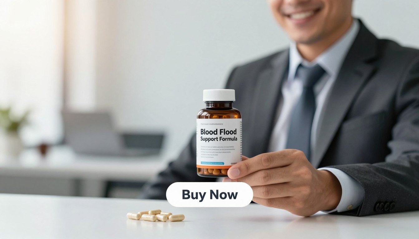 A close-up image of a man in professional business attire, smiling confidently while holding a bottle of natural stamina enhancer supplement capsules labeled "Blood Flow Support Formula." The foreground features the bottle prominently, with capsules spilling slightly onto a clean, glossy white surface. In the middle ground, a soft, muted background showcases a blurred view of a bright, modern office space, creating a professional atmosphere. The lighting is bright and inviting, with a warm glow highlighting the product. A subtle, realistic "Buy Now" button is displayed below the product, maintaining a clean and polished look. The overall mood conveys a sense of health, vitality, and professionalism, inviting viewers to consider the supplement.