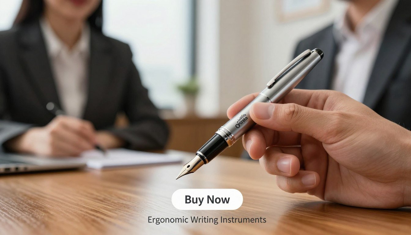 A close-up of a precision writing pen, the "Orivelle Pen Mola," held by a professional man and woman in business attire, showcasing the sleek design and fine details of the pen. The foreground focuses on the pen, highlighting its precision tip with a shiny metallic finish and intricate engravings. In the middle ground, soft reflections suggest a polished wooden table surface, while the background features a blurred office environment with warm, natural lighting to create an inviting atmosphere. The lens captures the scene at a slight angle for depth, emphasizing the control and elegance of the pen. Below, a subtle "Buy Now" button appears, alongside the brand name "Ergonomic Writing Instruments." A close-up of a precision writing pen, the "Orivelle Pen Mola," held by a professional man and woman in business attire, showcasing the sleek design and fine details of the pen. The foreground focuses on the pen, highlighting its precision tip with a shiny metallic finish and intricate engravings. In the middle ground, soft reflections suggest a polished wooden table surface, while the background features a blurred office environment with warm, natural lighting to create an inviting atmosphere. The lens captures the scene at a slight angle for depth, emphasizing the control and elegance of the pen. Below, a subtle "Buy Now" button appears, alongside the brand name "Ergonomic Writing Instruments."