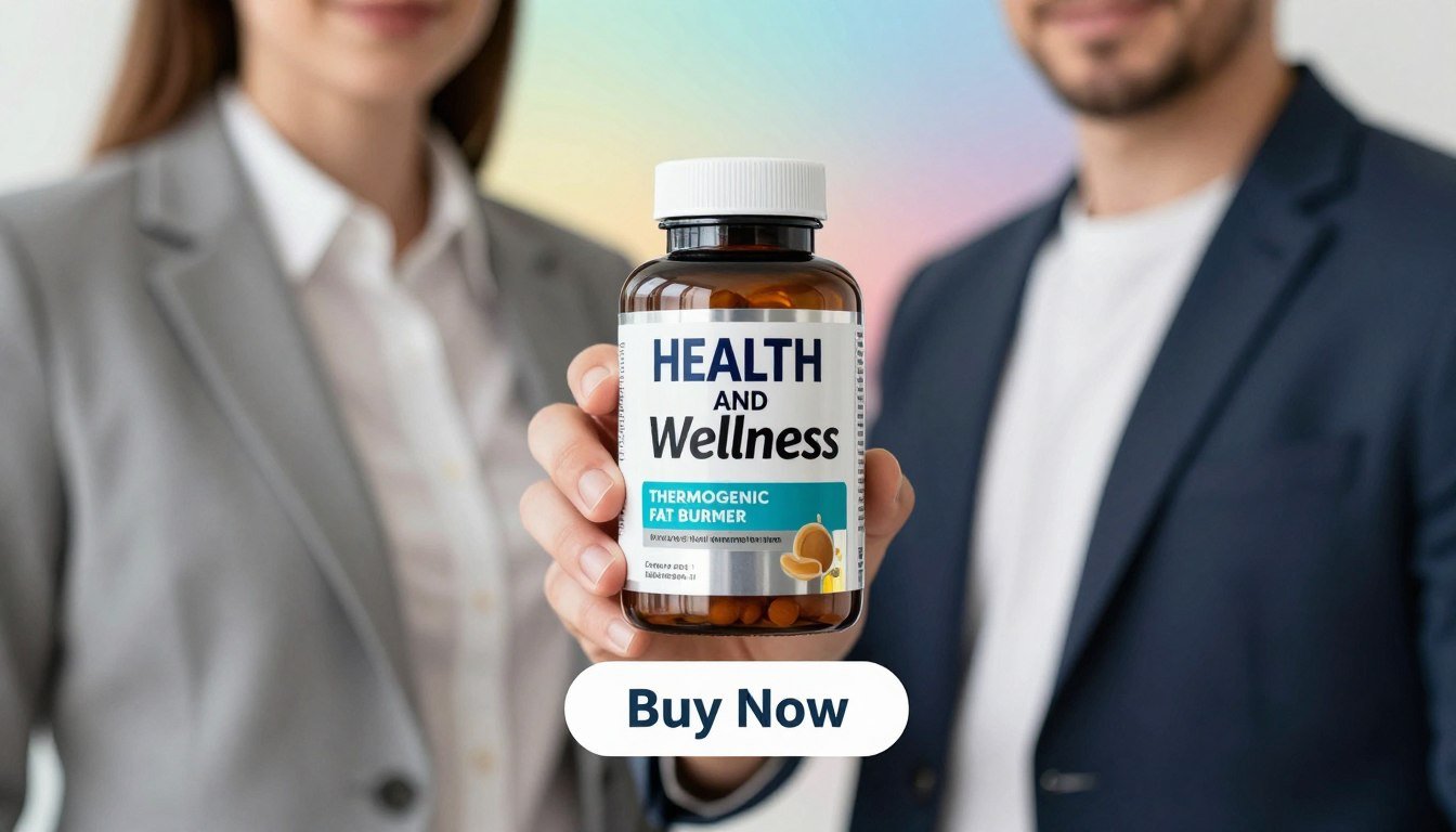 A close-up product image featuring a sleek, modern thermogenic fat burner supplement bottle labeled "HEALTH AND Wellness" prominently displayed in the foreground. In the middle ground, a fit man and woman, dressed in professional business attire, are holding the bottle confidently, showcasing the product. The scene is well-lit with natural lighting that creates a vibrant and clean atmosphere, highlighting the product's design. In the background, a subtle gradient of colors suggests energy and vitality, complementing the theme of fitness and health. Below the product, a stylish "Buy Now" button is included, seamlessly integrated into the design, enhancing the visual appeal without overwhelming the main elements of the image. The overall mood conveys motivation and well-being, perfect for illustrating the topic of thermogenic fat burners.