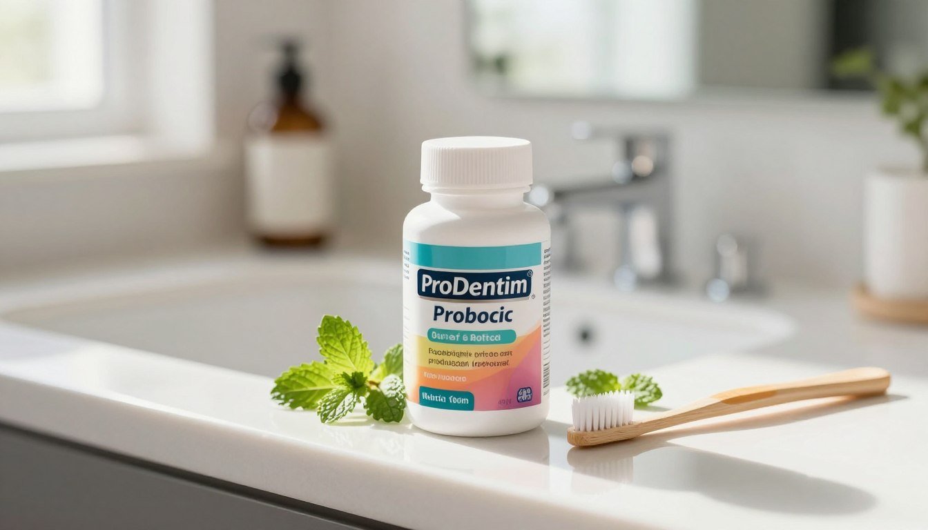 A close-up view of a ProDentim oral probiotic supplement bottle, elegantly displayed on a clean, shiny bathroom countertop. The bottle is white with a colorful label highlighting its key ingredients, surrounded by fresh mint leaves and a toothbrush with soft bristles. In the background, a bright, well-lit bathroom setting, featuring a mirror with soft reflections, creates an inviting atmosphere. Gentle sunlight filters through a window, casting a warm glow over the scene. The composition should be shot from an overhead angle, emphasizing the product prominently while maintaining a tidy and hygienic feel. The overall mood is fresh, modern, and health-focused, suitable for an oral care product. A close-up view of a ProDentim oral probiotic supplement bottle, elegantly displayed on a clean, shiny bathroom countertop. The bottle is white with a colorful label highlighting its key ingredients, surrounded by fresh mint leaves and a toothbrush with soft bristles. In the background, a bright, well-lit bathroom setting, featuring a mirror with soft reflections, creates an inviting atmosphere. Gentle sunlight filters through a window, casting a warm glow over the scene. The composition should be shot from an overhead angle, emphasizing the product prominently while maintaining a tidy and hygienic feel. The overall mood is fresh, modern, and health-focused, suitable for an oral care product.