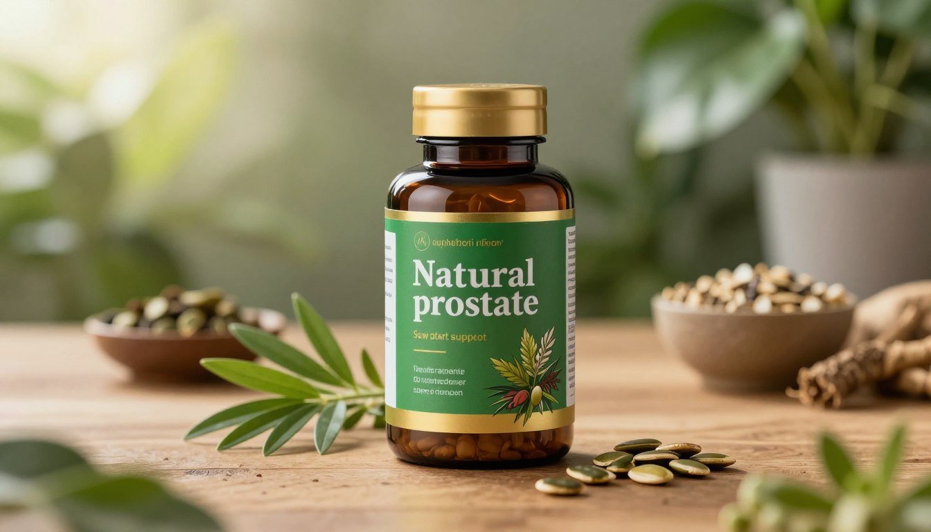A close-up view of a natural prostate support supplement bottle, elegantly designed with a green and gold label showcasing herbal illustrations like saw palmetto and pumpkin seeds. The bottle should be placed on a wooden table surrounded by fresh herbs and small bowls filled with natural ingredients such as seeds and roots, symbolizing health and vitality. In the background, softly blurred, there are lush green plants and a hint of sunlight filtering through, creating a warm, inviting atmosphere. The scene should evoke a sense of wellness and natural strength, inviting viewers to explore the benefits of the supplement. The lighting is warm and natural, with a slight bokeh effect to enhance the main subject, shot from a slight angle to add depth.