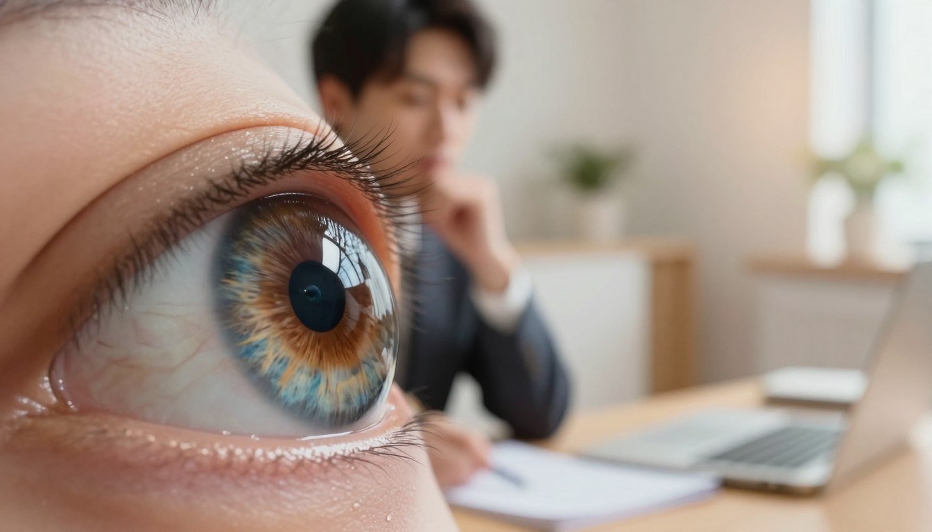 A close-up view of a professional eye with intricate details, showcasing vibrant colors and textures. In the foreground, focus on the eye itself, capturing the reflections and glimmers that suggest depth and emotion. The middle ground should gently blur the contours of a thoughtful individual dressed in smart, professional attire, contemplating as they examine the eye's features. In the background, a soft-focus desk setting with subtle elements like a notepad and pen to indicate a creative workspace. Use warm, diffused lighting to create a welcoming atmosphere, emphasizing the eye's connection to compelling content. The image should evoke a sense of curiosity and engagement, leading viewers to ponder the importance of eye-catching details in visual storytelling. A close-up view of a professional eye with intricate details, showcasing vibrant colors and textures. In the foreground, focus on the eye itself, capturing the reflections and glimmers that suggest depth and emotion. The middle ground should gently blur the contours of a thoughtful individual dressed in smart, professional attire, contemplating as they examine the eye's features. In the background, a soft-focus desk setting with subtle elements like a notepad and pen to indicate a creative workspace. Use warm, diffused lighting to create a welcoming atmosphere, emphasizing the eye's connection to compelling content. The image should evoke a sense of curiosity and engagement, leading viewers to ponder the importance of eye-catching details in visual storytelling.