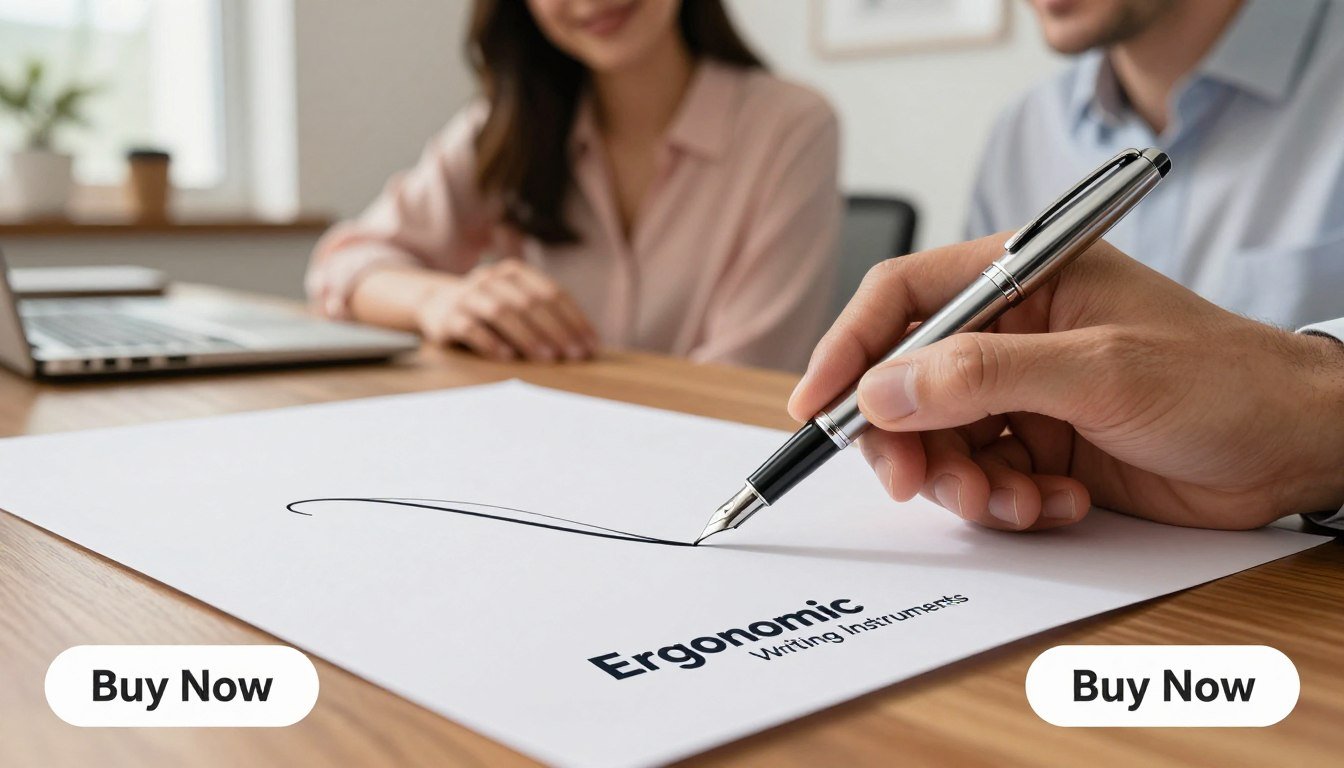 A close-up view of a refined, premium-quality Orivelle Pen Mola gliding effortlessly across a smooth sheet of high-grade, white paper, showcasing the seamless ink flow. In the foreground, the elegant pen, featuring a sleek design with chrome detailing and a comfortable grip, is being held by a naturally smiling man in a light business attire, while a woman in a pastel blouse watches admiringly, both seated at a polished wooden desk. The middle-ground highlights the delicate, fluid lines of rich black ink as it forms graceful curves on the page. Soft, warm lighting illuminates the scene, creating a calm, focused atmosphere, with a blurred office background. In the bottom corner, a subtle "Buy Now" button appears, with the brand name "Ergonomic Writing Instruments" featured prominently, enhancing the image's appeal without overcrowding. A close-up view of a refined, premium-quality Orivelle Pen Mola gliding effortlessly across a smooth sheet of high-grade, white paper, showcasing the seamless ink flow. In the foreground, the elegant pen, featuring a sleek design with chrome detailing and a comfortable grip, is being held by a naturally smiling man in a light business attire, while a woman in a pastel blouse watches admiringly, both seated at a polished wooden desk. The middle-ground highlights the delicate, fluid lines of rich black ink as it forms graceful curves on the page. Soft, warm lighting illuminates the scene, creating a calm, focused atmosphere, with a blurred office background. In the bottom corner, a subtle "Buy Now" button appears, with the brand name "Ergonomic Writing Instruments" featured prominently, enhancing the image's appeal without overcrowding.