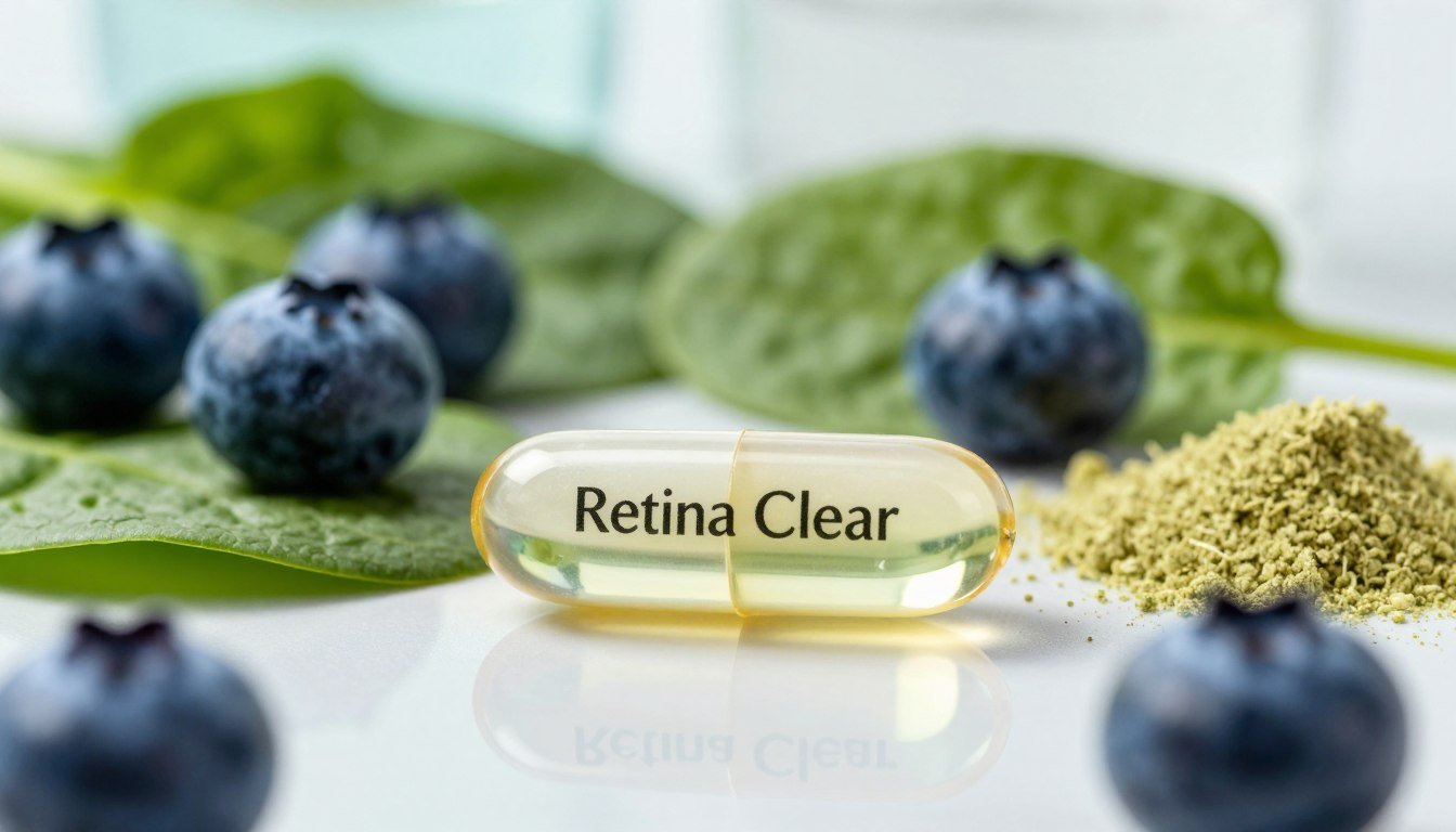 A close-up view of a shiny, translucent capsule labeled "Retina Clear" resting on a sleek, reflective surface. The capsule is surrounded by fresh, vibrant ingredients such as blueberries, spinach leaves, and lutein powder, emphasizing the natural aspects of the eye health supplement. In the background, a softly blurred medical setting with soft, natural lighting enhances the focus on the capsule, suggesting a sense of trust and professionalism. The image should convey a sense of purity and vitality, with a color palette rich in greens and blues. Capture this at a 45-degree angle with a shallow depth of field to draw attention solely to the capsule and ingredients, avoiding any text, logos, or distractions.