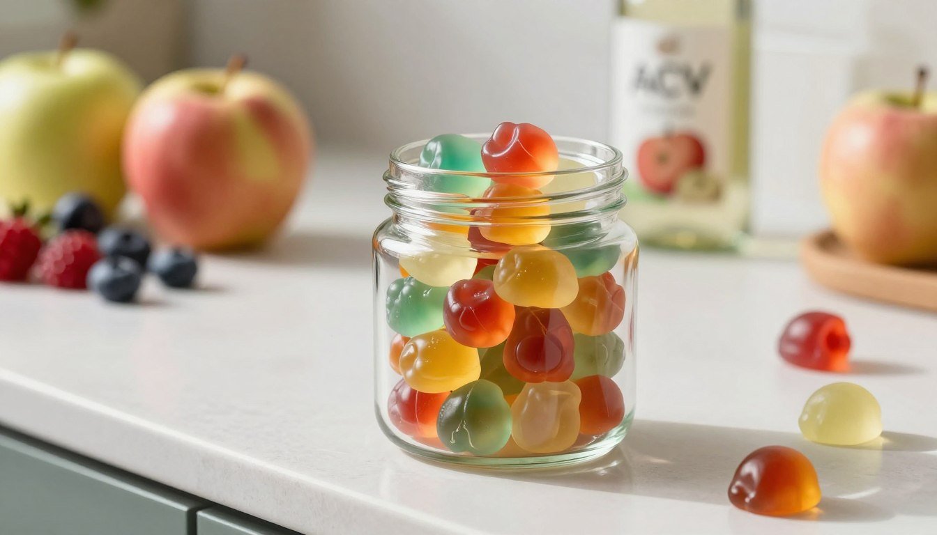 A close-up view of a stylish glass jar filled with vibrant, multicolored ACV metabolism support gummies, placed on a sleek, modern kitchen counter. The gummies should be shaped like small fruits, showcasing a glossy texture that reflects natural light. In the background, a soft-focus arrangement of fresh ingredients like apples, berries, and a bottle of apple cider vinegar can be seen, hinting at their health benefits. The lighting is bright and inviting, emulating a warm, sunny morning atmosphere. A light shadow enhances the three-dimensionality of the jar, while the angle slightly tilts upward to emphasize the gummies and create depth. Overall, the mood is fresh, healthy, and uplifting, inviting viewers to explore wellness. A close-up view of a stylish glass jar filled with vibrant, multicolored ACV metabolism support gummies, placed on a sleek, modern kitchen counter. The gummies should be shaped like small fruits, showcasing a glossy texture that reflects natural light. In the background, a soft-focus arrangement of fresh ingredients like apples, berries, and a bottle of apple cider vinegar can be seen, hinting at their health benefits. The lighting is bright and inviting, emulating a warm, sunny morning atmosphere. A light shadow enhances the three-dimensionality of the jar, while the angle slightly tilts upward to emphasize the gummies and create depth. Overall, the mood is fresh, healthy, and uplifting, inviting viewers to explore wellness.