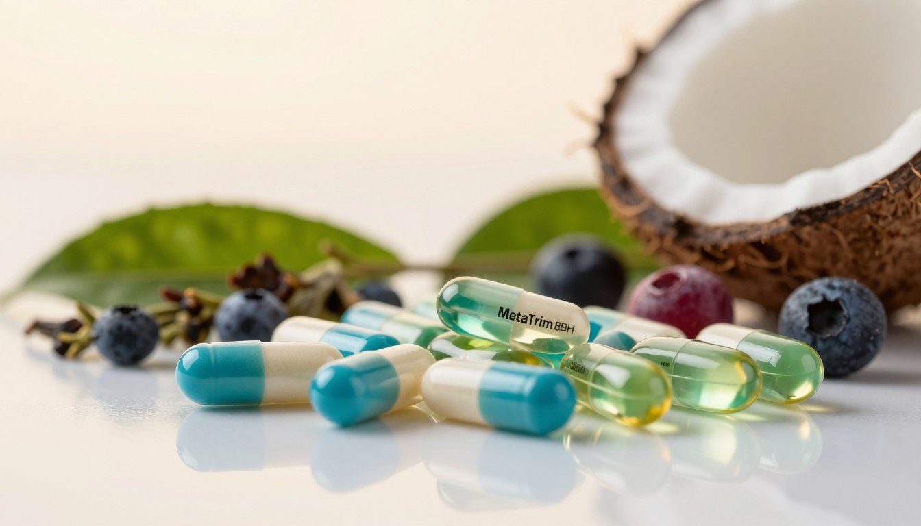 A close-up view of individual capsules of MetaTrim BHB, displayed on a clean, reflective surface to emphasize their sleek design. The foreground features vibrant capsules encapsulated in clear gelatin, showcasing a variety of colors such as blue and green, representing freshness and vitality. In the middle ground, an aesthetic arrangement of natural ingredients like green tea leaves, berries, and coconut oil surrounds the capsules, highlighting their beneficial properties. The background softly blurs with a pale, calming gradient, suggesting a serene atmosphere that promotes health and wellness. Utilize soft, diffused lighting to create a warm, inviting feel, capturing the essence of a health supplement aimed at weight management. The angle should be slightly tilted for a dynamic, engaging perspective. A close-up view of individual capsules of MetaTrim BHB, displayed on a clean, reflective surface to emphasize their sleek design. The foreground features vibrant capsules encapsulated in clear gelatin, showcasing a variety of colors such as blue and green, representing freshness and vitality. In the middle ground, an aesthetic arrangement of natural ingredients like green tea leaves, berries, and coconut oil surrounds the capsules, highlighting their beneficial properties. The background softly blurs with a pale, calming gradient, suggesting a serene atmosphere that promotes health and wellness. Utilize soft, diffused lighting to create a warm, inviting feel, capturing the essence of a health supplement aimed at weight management. The angle should be slightly tilted for a dynamic, engaging perspective.