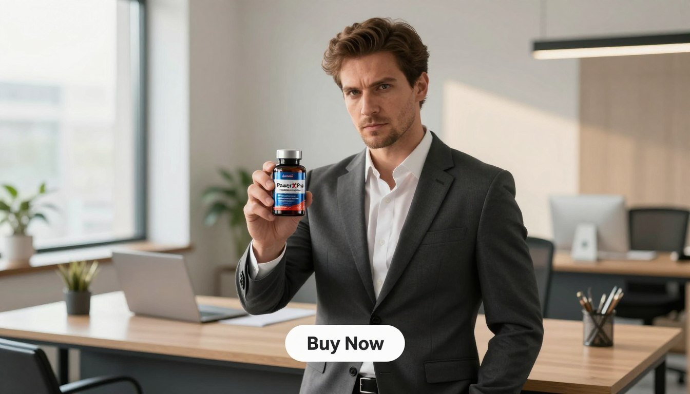 A confident man in a modern, well-lit office setting, dressed in a tailored suit, is holding a sleek bottle labeled "PowerX Pro – Male Enhancement Supplements." The foreground features the man with a determined expression, showcasing strength and vitality. In the middle ground, a polished desk with minimalistic decor underscores a professional atmosphere, while in the background, large windows let in warm natural light, enhancing the overall brightness of the scene. A "Buy Now" button appears subtly below the product, inviting engagement. The mood is empowering and motivating, reflecting themes of performance, power, and confidence. The scene should evoke a sense of professionalism and wellness, capturing the essence of the product effectively. A confident man in a modern, well-lit office setting, dressed in a tailored suit, is holding a sleek bottle labeled "PowerX Pro – Male Enhancement Supplements." The foreground features the man with a determined expression, showcasing strength and vitality. In the middle ground, a polished desk with minimalistic decor underscores a professional atmosphere, while in the background, large windows let in warm natural light, enhancing the overall brightness of the scene. A "Buy Now" button appears subtly below the product, inviting engagement. The mood is empowering and motivating, reflecting themes of performance, power, and confidence. The scene should evoke a sense of professionalism and wellness, capturing the essence of the product effectively.