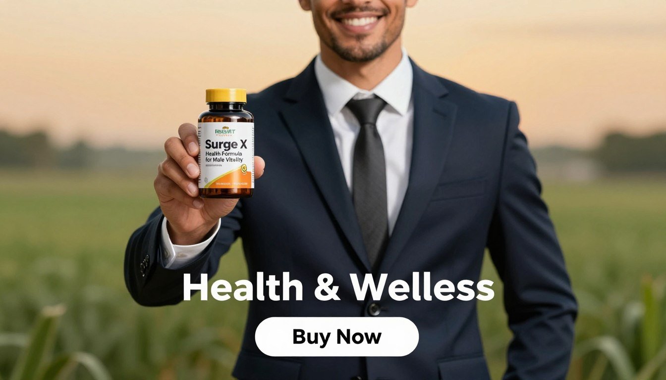 A confident man in a professional business suit, showcasing the "Boost Surge X Health Formula for Male Vitality" product in his right hand. The man has an athletic build and is smiling, exuding vitality and energy. In the foreground, the product bottle is prominently displayed with the label clearly legible. In the middle ground, a subtle gradient backdrop emphasizes the product, with soft, warm lighting that creates an inviting atmosphere. The background features hints of natural elements like a blurred green landscape, symbolizing health and vitality. At the bottom of the image, a clear "Buy Now" button is included, and the brand name "Health & Wellness" gracefully melds into the design. The overall mood is energetic and professional, perfectly complementing the theme of male vitality and wellness. A confident man in a professional business suit, showcasing the "Boost Surge X Health Formula for Male Vitality" product in his right hand. The man has an athletic build and is smiling, exuding vitality and energy. In the foreground, the product bottle is prominently displayed with the label clearly legible. In the middle ground, a subtle gradient backdrop emphasizes the product, with soft, warm lighting that creates an inviting atmosphere. The background features hints of natural elements like a blurred green landscape, symbolizing health and vitality. At the bottom of the image, a clear "Buy Now" button is included, and the brand name "Health & Wellness" gracefully melds into the design. The overall mood is energetic and professional, perfectly complementing the theme of male vitality and wellness.