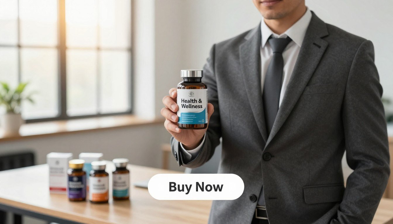 A confident man in a stylish business suit stands in the foreground, showcasing a sleek, modern bottle labeled "Health & Wellness" in one hand, emphasizing the male performance supplement's benefits. In the middle ground, a soft-focus table displays additional health-related products, creating an inviting and professional atmosphere. The background features a well-lit office environment with warm natural light streaming through large windows, adding a sense of vitality and energy. Capture the scene from a slightly elevated angle to highlight the product and the man's confident pose, invoking a spirit of empowerment and success. The mood is uplifting and motivating, encouraging viewers to embrace their health enhancement journey. A prominent "Buy Now" button is subtly integrated below the product for engagement. A confident man in a stylish business suit stands in the foreground, showcasing a sleek, modern bottle labeled "Health & Wellness" in one hand, emphasizing the male performance supplement's benefits. In the middle ground, a soft-focus table displays additional health-related products, creating an inviting and professional atmosphere. The background features a well-lit office environment with warm natural light streaming through large windows, adding a sense of vitality and energy. Capture the scene from a slightly elevated angle to highlight the product and the man's confident pose, invoking a spirit of empowerment and success. The mood is uplifting and motivating, encouraging viewers to embrace their health enhancement journey. A prominent "Buy Now" button is subtly integrated below the product for engagement.