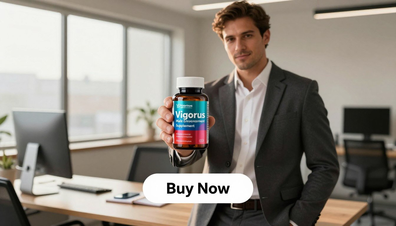 A confident man in his thirties, dressed in a tailored, professional outfit, stands in a modern office environment, holding a sleek bottle of "Vigorus Male Enhancement Supplement." The product design features a bold label with the brand name "Health & Wellness." The foreground highlights the clear, sophisticated bottle with vibrant colors that suggest energy and vitality. In the middle ground, a tasteful desk setup with a smartphone and a notepad illustrates a productive atmosphere. The background shows large windows letting in warm, natural light, creating an inviting ambience. The image conveys a sense of determination, vigor, and health-focused lifestyle. A prominent "Buy Now" button appears below the product, designed to catch the viewer's attention while maintaining a clean and professional aesthetic. A confident man in his thirties, dressed in a tailored, professional outfit, stands in a modern office environment, holding a sleek bottle of "Vigorus Male Enhancement Supplement." The product design features a bold label with the brand name "Health & Wellness." The foreground highlights the clear, sophisticated bottle with vibrant colors that suggest energy and vitality. In the middle ground, a tasteful desk setup with a smartphone and a notepad illustrates a productive atmosphere. The background shows large windows letting in warm, natural light, creating an inviting ambience. The image conveys a sense of determination, vigor, and health-focused lifestyle. A prominent "Buy Now" button appears below the product, designed to catch the viewer's attention while maintaining a clean and professional aesthetic.