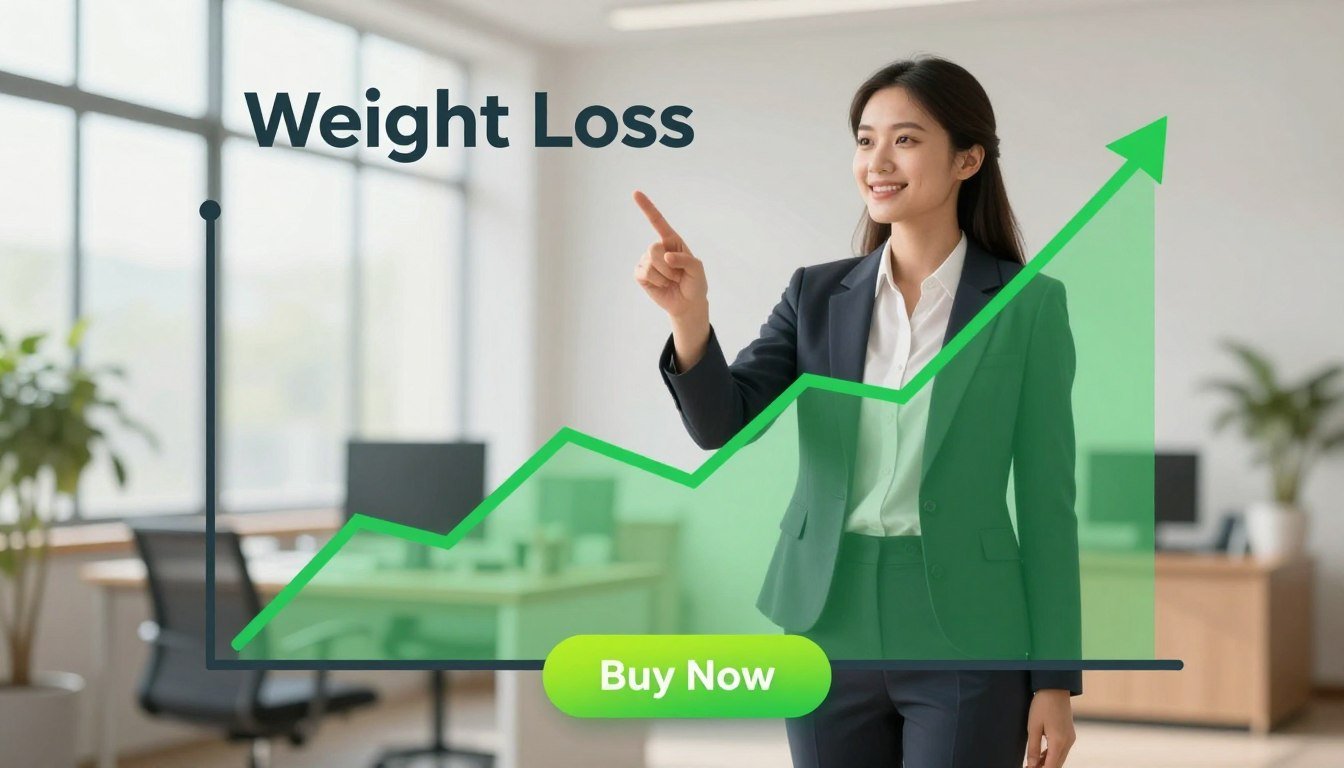 A detailed and vibrant illustration of a natural weight loss solutions demand graph. In the foreground, a sleek line graph with upward trends displayed in green, representing increasing interest over time. In the middle, a professional woman in business attire stands confidently beside the graph, pointing at the rising line with a smile, symbolizing success and vitality. The background consists of a tranquil office setting with soft, natural lighting filtering through large windows, enhancing the health-conscious atmosphere. The scene evokes motivation and optimism. Underneath the graph, a subtle "Buy Now" button in a bright color stands out, while the brand name "Weight Loss" is elegantly incorporated into the design. The image is clean, modern, and free of any text overlays or distractions, perfectly illustrating the section's theme. A detailed and vibrant illustration of a natural weight loss solutions demand graph. In the foreground, a sleek line graph with upward trends displayed in green, representing increasing interest over time. In the middle, a professional woman in business attire stands confidently beside the graph, pointing at the rising line with a smile, symbolizing success and vitality. The background consists of a tranquil office setting with soft, natural lighting filtering through large windows, enhancing the health-conscious atmosphere. The scene evokes motivation and optimism. Underneath the graph, a subtle "Buy Now" button in a bright color stands out, while the brand name "Weight Loss" is elegantly incorporated into the design. The image is clean, modern, and free of any text overlays or distractions, perfectly illustrating the section's theme.