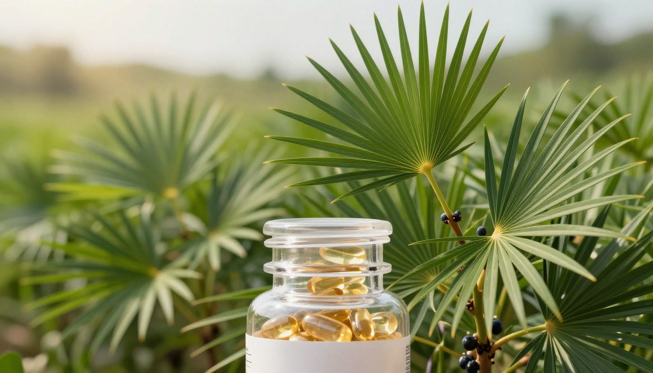 A detailed, close-up view of saw palmetto berries on a lush green background. In the foreground, showcase a transparent supplement bottle featuring saw palmetto extract capsules, illuminated softly by warm, natural light, highlighting the glossy texture of the capsules. The middle ground features vibrant, healthy saw palmetto plants, their fan-like leaves unfurling elegantly, symbolizing vitality. In the background, a softly blurred natural landscape suggests a serene and calming atmosphere, enhancing the connection to health and well-being. The image should evoke a sense of trust, showcasing the importance of natural ingredients for prostate health while maintaining a clean and professional aesthetic, suitable for a health-focused article. Use a shallow depth of field to emphasize the main subjects. A detailed, close-up view of saw palmetto berries on a lush green background. In the foreground, showcase a transparent supplement bottle featuring saw palmetto extract capsules, illuminated softly by warm, natural light, highlighting the glossy texture of the capsules. The middle ground features vibrant, healthy saw palmetto plants, their fan-like leaves unfurling elegantly, symbolizing vitality. In the background, a softly blurred natural landscape suggests a serene and calming atmosphere, enhancing the connection to health and well-being. The image should evoke a sense of trust, showcasing the importance of natural ingredients for prostate health while maintaining a clean and professional aesthetic, suitable for a health-focused article. Use a shallow depth of field to emphasize the main subjects.