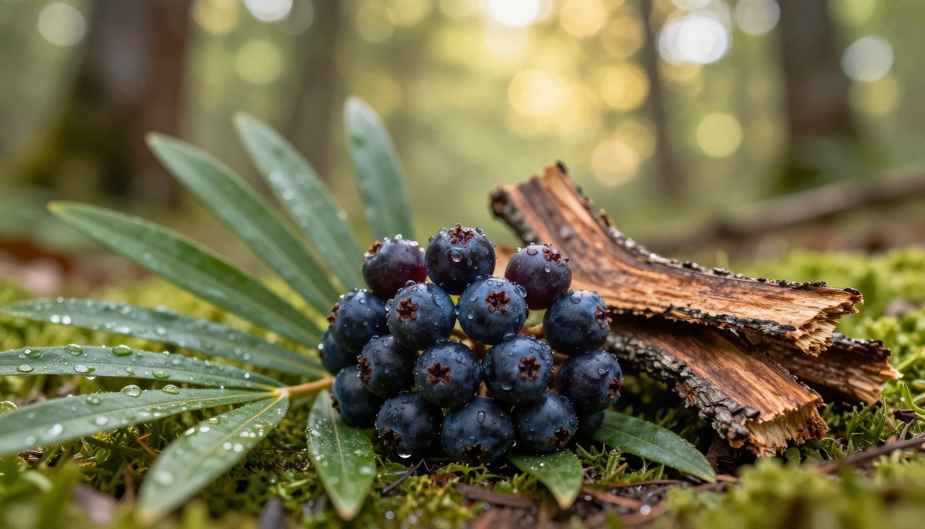 A detailed composition depicting the key ingredients of ProstAfense, focusing on saw palmetto berries and pygeum bark in a natural environment. In the foreground, showcase a vibrant cluster of ripe saw palmetto berries, glistening with dew drops, surrounded by lush green leaves. Beside it, a piece of pygeum bark should be placed artistically, highlighting its rich texture. The middle ground can feature a softly blurred background of a serene forest, with dappled sunlight filtering through the trees, creating a warm and inviting atmosphere. Use a shallow depth of field to draw attention to the ingredients and enhance their vivid colors. The lighting should be soft and natural, evoking a sense of health and well-being. The overall mood should be calm and organic, embodying the essence of natural health supplements. A detailed composition depicting the key ingredients of ProstAfense, focusing on saw palmetto berries and pygeum bark in a natural environment. In the foreground, showcase a vibrant cluster of ripe saw palmetto berries, glistening with dew drops, surrounded by lush green leaves. Beside it, a piece of pygeum bark should be placed artistically, highlighting its rich texture. The middle ground can feature a softly blurred background of a serene forest, with dappled sunlight filtering through the trees, creating a warm and inviting atmosphere. Use a shallow depth of field to draw attention to the ingredients and enhance their vivid colors. The lighting should be soft and natural, evoking a sense of health and well-being. The overall mood should be calm and organic, embodying the essence of natural health supplements.