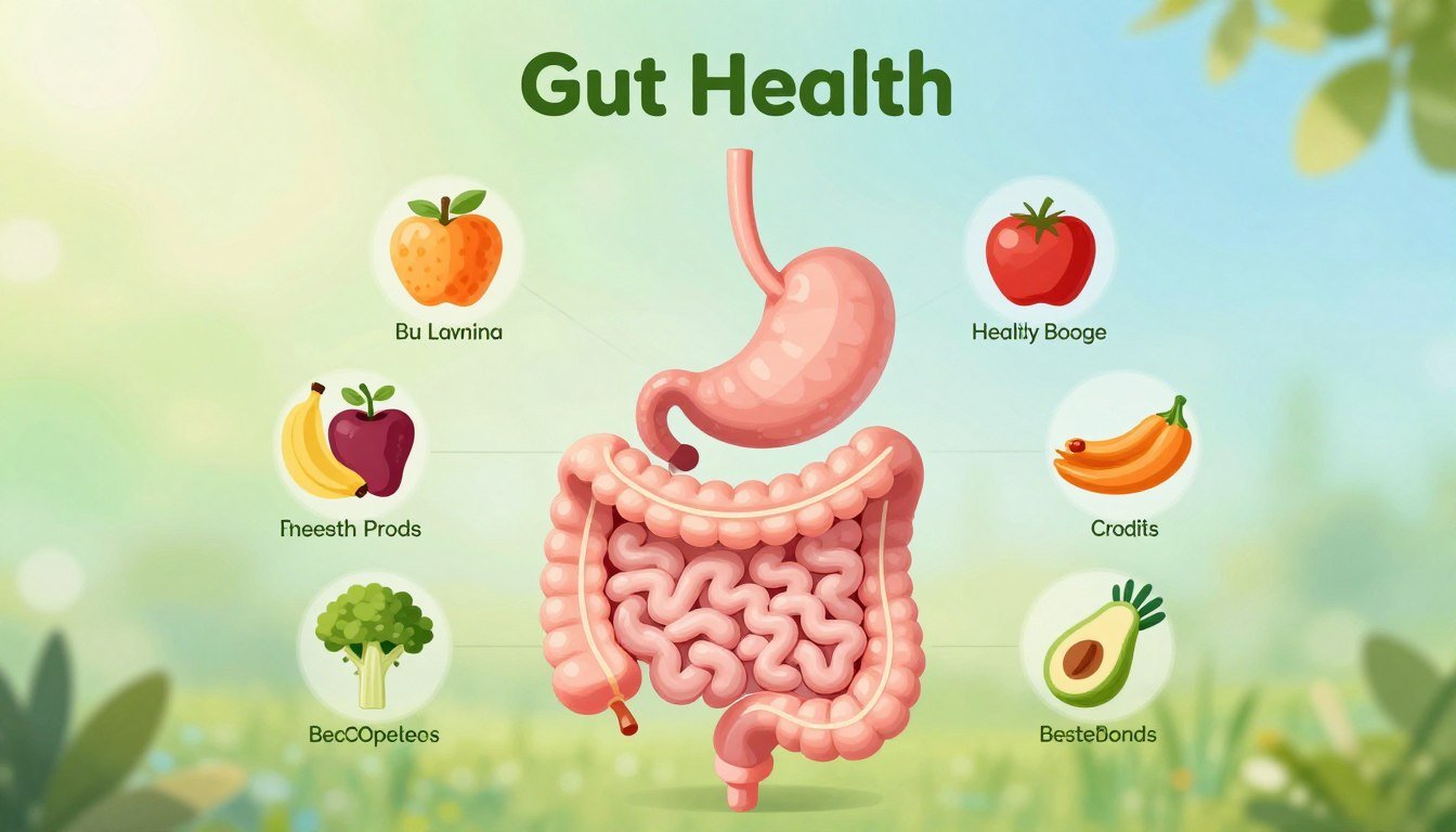 A detailed diagram illustrating the concept of gut health, featuring a colorful and informative layout. In the foreground, incorporate stylized representations of the human digestive system, highlighting key components like the stomach and intestines with labels. The middle section should depict healthy foods, such as fruits, vegetables, and probiotics, arranged artistically around the digestive system, emphasizing their importance for wellness. In the background, a calming gradient of greens and blues evokes a sense of tranquility and health. The lighting is soft and natural, creating an inviting atmosphere. The overall mood should be educational and uplifting, inspiring viewers to engage with the topic of digestive wellness. A detailed diagram illustrating the concept of gut health, featuring a colorful and informative layout. In the foreground, incorporate stylized representations of the human digestive system, highlighting key components like the stomach and intestines with labels. The middle section should depict healthy foods, such as fruits, vegetables, and probiotics, arranged artistically around the digestive system, emphasizing their importance for wellness. In the background, a calming gradient of greens and blues evokes a sense of tranquility and health. The lighting is soft and natural, creating an inviting atmosphere. The overall mood should be educational and uplifting, inspiring viewers to engage with the topic of digestive wellness.
