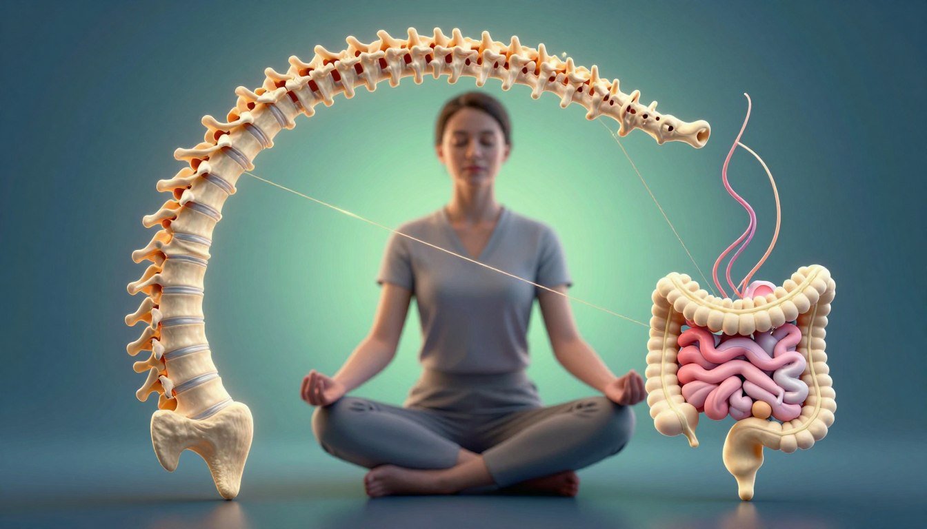 A detailed illustration depicting the gut-spine connection as a visual metaphor for natural health and healing. In the foreground, a stylized human spine gracefully arching, with intricate lines connecting to the digestive system represented as a colorful, anatomical diagram of the gut. In the middle ground, a serene individual dressed in subtle, professional attire sits in a meditative pose, reflecting balance and wellness. The background features a soft gradient of calming blues and greens, symbolizing tranquility and vitality. Dramatic lighting highlights the spine and gut connection, creating an ethereal glow around the elements, inviting feelings of hope and renewal. Capture this interconnectedness with a shallow depth of field to emphasize the subject and create an intimate atmosphere. A detailed illustration depicting the gut-spine connection as a visual metaphor for natural health and healing. In the foreground, a stylized human spine gracefully arching, with intricate lines connecting to the digestive system represented as a colorful, anatomical diagram of the gut. In the middle ground, a serene individual dressed in subtle, professional attire sits in a meditative pose, reflecting balance and wellness. The background features a soft gradient of calming blues and greens, symbolizing tranquility and vitality. Dramatic lighting highlights the spine and gut connection, creating an ethereal glow around the elements, inviting feelings of hope and renewal. Capture this interconnectedness with a shallow depth of field to emphasize the subject and create an intimate atmosphere.