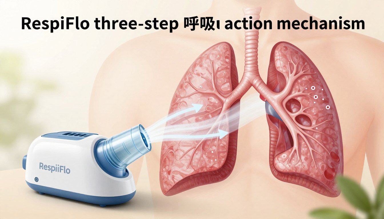 A detailed illustration of the "RespiFlo three-step respiratory action mechanism," showcasing three distinct phases of the process. In the foreground, depict a clear, labeled diagram of the device with arrows indicating airflow direction. The middle ground should feature a cross-section of the human respiratory system, highlighting key areas where RespiFlo interacts, such as the lungs and airways. Use soft, natural lighting to create an inviting and informative atmosphere. In the background, a subtle gradient transition representing healthy versus obstructed airways adds depth without distraction. The angle should be slightly elevated for a comprehensive view. The mood is educational and professional, suitable for a scientific article. No text or logos should be present in the image. A detailed illustration of the "RespiFlo three-step respiratory action mechanism," showcasing three distinct phases of the process. In the foreground, depict a clear, labeled diagram of the device with arrows indicating airflow direction. The middle ground should feature a cross-section of the human respiratory system, highlighting key areas where RespiFlo interacts, such as the lungs and airways. Use soft, natural lighting to create an inviting and informative atmosphere. In the background, a subtle gradient transition representing healthy versus obstructed airways adds depth without distraction. The angle should be slightly elevated for a comprehensive view. The mood is educational and professional, suitable for a scientific article. No text or logos should be present in the image.