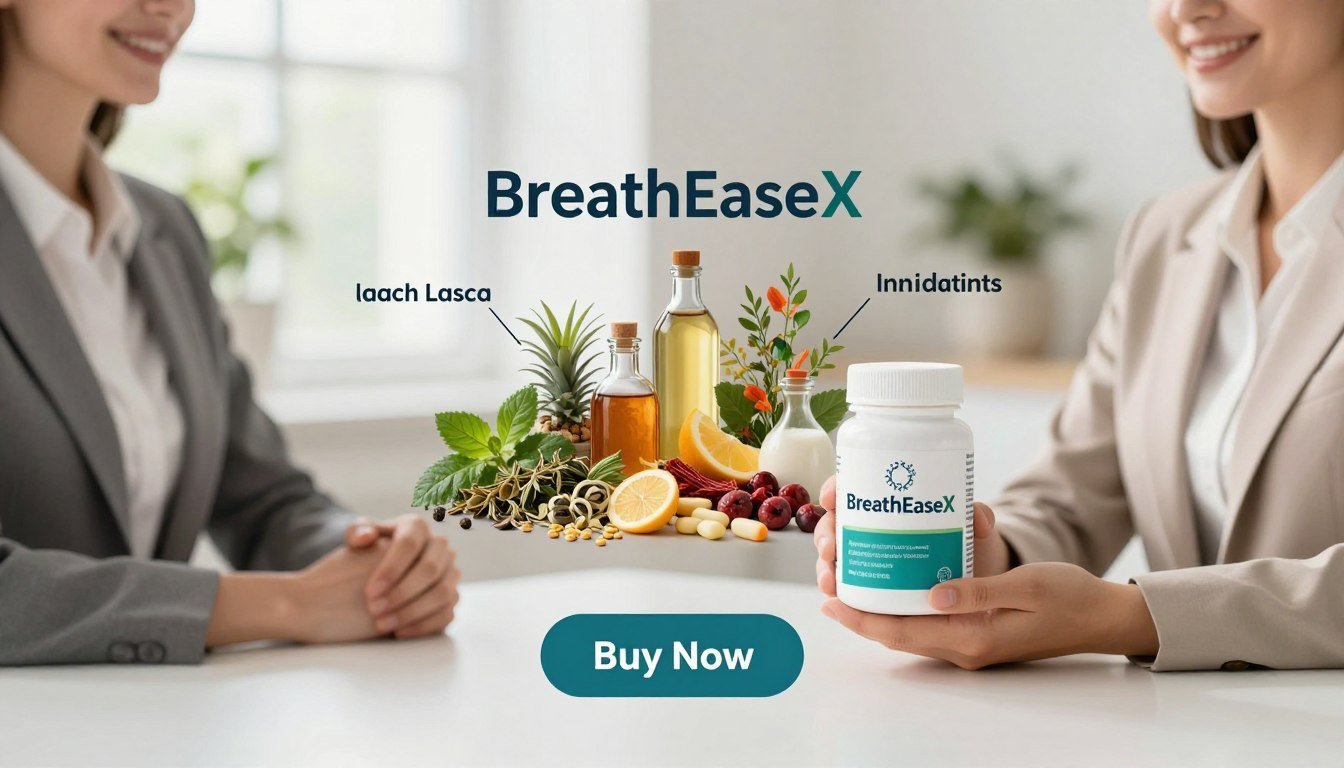 A detailed product image featuring a contemporary, attractive design for "BreathEaseX," emphasizing its ingredients for respiratory health. The foreground shows a man and woman in professional business attire, holding the BreathEaseX container in a well-lit, clean environment, with a polished table beneath them. In the middle ground, an array of key ingredients such as herbs, vitamins, and natural extracts, artfully arranged, visually representing each component's health benefits. The background should be soft-focused, hinting at a serene, health-focused atmosphere with calming colors and natural elements like plants or light filtering through a window. Include a prominent "Buy Now" button beneath the product, and display the brand name "Health & Wellness" elegantly on the product packaging. The mood is inviting and informative, appealing to health-conscious consumers. A detailed product image featuring a contemporary, attractive design for "BreathEaseX," emphasizing its ingredients for respiratory health. The foreground shows a man and woman in professional business attire, holding the BreathEaseX container in a well-lit, clean environment, with a polished table beneath them. In the middle ground, an array of key ingredients such as herbs, vitamins, and natural extracts, artfully arranged, visually representing each component's health benefits. The background should be soft-focused, hinting at a serene, health-focused atmosphere with calming colors and natural elements like plants or light filtering through a window. Include a prominent "Buy Now" button beneath the product, and display the brand name "Health & Wellness" elegantly on the product packaging. The mood is inviting and informative, appealing to health-conscious consumers.