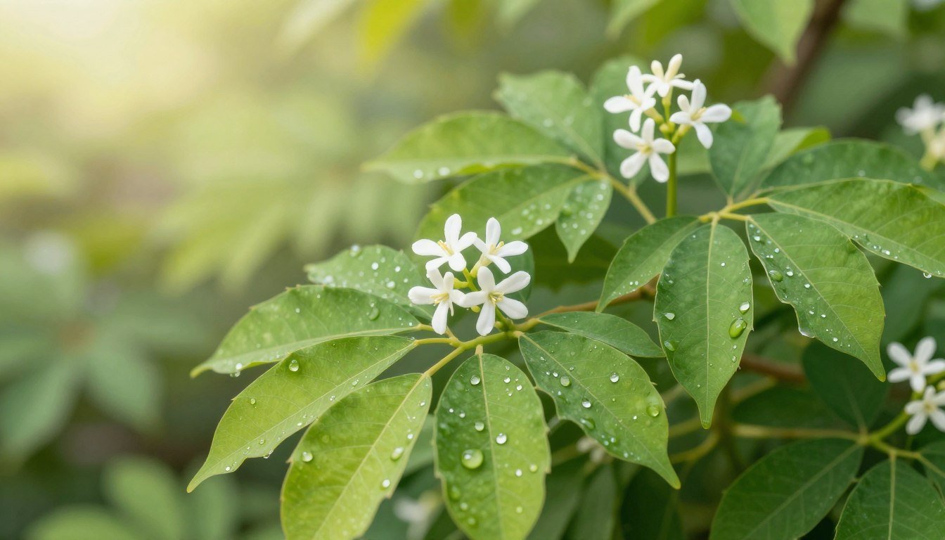 A detailed, realistic illustration of Gymnema Sylvestre plants, showcasing their lush green leaves and small white flowers in vibrant detail. In the foreground, focus on a lush cluster of Gymnema leaves with droplets of water catching the light, symbolizing freshness and vitality. The middle ground includes more of the plant with a blurred background featuring a softly lit natural environment, evoking a sense of tranquility and health. The lighting is bright and natural, simulating sunlight filtering through foliage, creating a warm, inviting atmosphere. This image should reflect the essence of health and wellness associated with the ingredient, Gymnema Sylvestre, as part of the ZenSulin blood sugar solution. The composition should be clear and visually appealing, drawing the viewer's interest without any text, logos, or distractions.