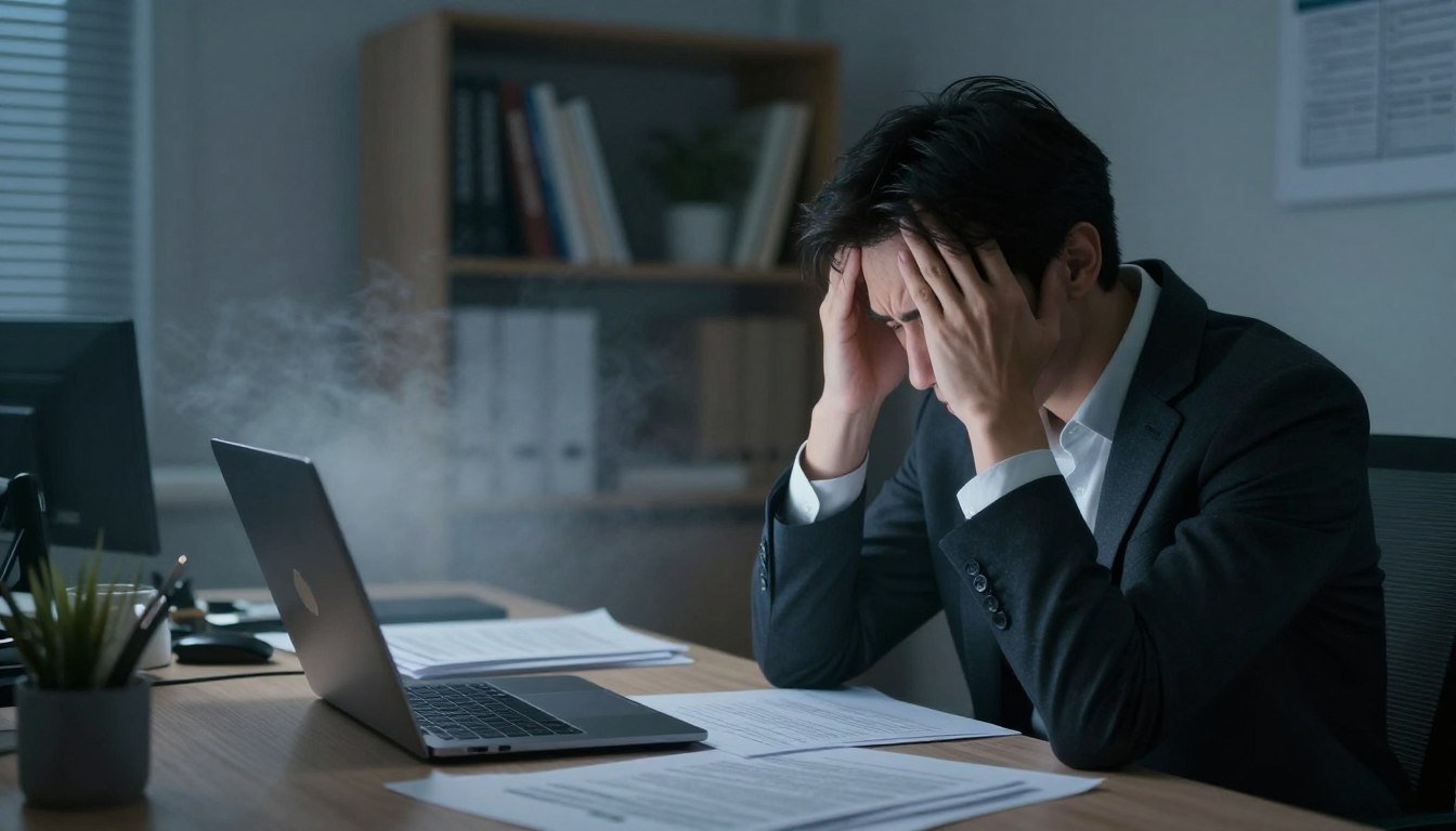 A dimly lit office scene captures the essence of "brain fog and cognitive struggle." In the foreground, a person in professional business attire, seated at a cluttered desk, holds their head in frustration, their expression conveying confusion and fatigue. Scattered papers and an open laptop with unreadable text reflect the chaos of a struggling mind. In the middle, a foggy haze permeates the air, symbolizing cognitive decline, while shadows play on the walls, enhancing the atmosphere of uncertainty. The background reveals a blurred bookshelf filled with self-help books, suggesting the quest for clarity and understanding. Soft, diffused lighting creates a melancholic mood, while a subtle blue tint enhances the feeling of distress, underscoring the challenges of memory and focus in relation to MaroBrain. A dimly lit office scene captures the essence of "brain fog and cognitive struggle." In the foreground, a person in professional business attire, seated at a cluttered desk, holds their head in frustration, their expression conveying confusion and fatigue. Scattered papers and an open laptop with unreadable text reflect the chaos of a struggling mind. In the middle, a foggy haze permeates the air, symbolizing cognitive decline, while shadows play on the walls, enhancing the atmosphere of uncertainty. The background reveals a blurred bookshelf filled with self-help books, suggesting the quest for clarity and understanding. Soft, diffused lighting creates a melancholic mood, while a subtle blue tint enhances the feeling of distress, underscoring the challenges of memory and focus in relation to MaroBrain.